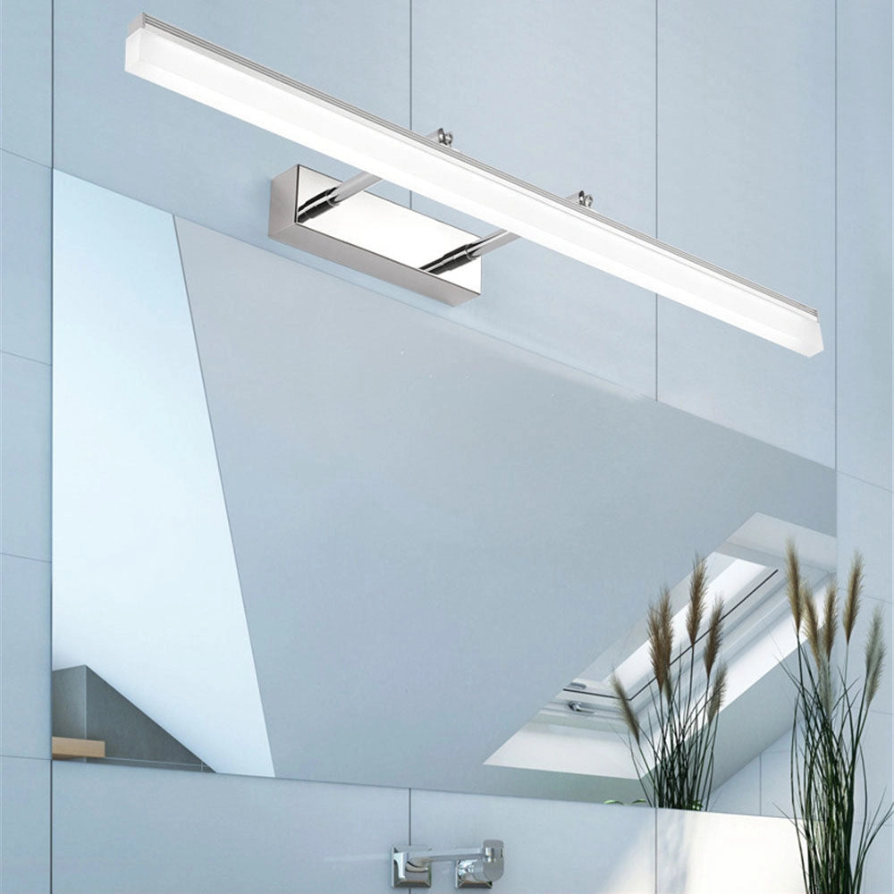 Modern LED bathroom vanity light with a chrome finish, featuring an adjustable rectangular design mounted on a wall, providing a sleek and contemporary lighting fixture for interior spaces.