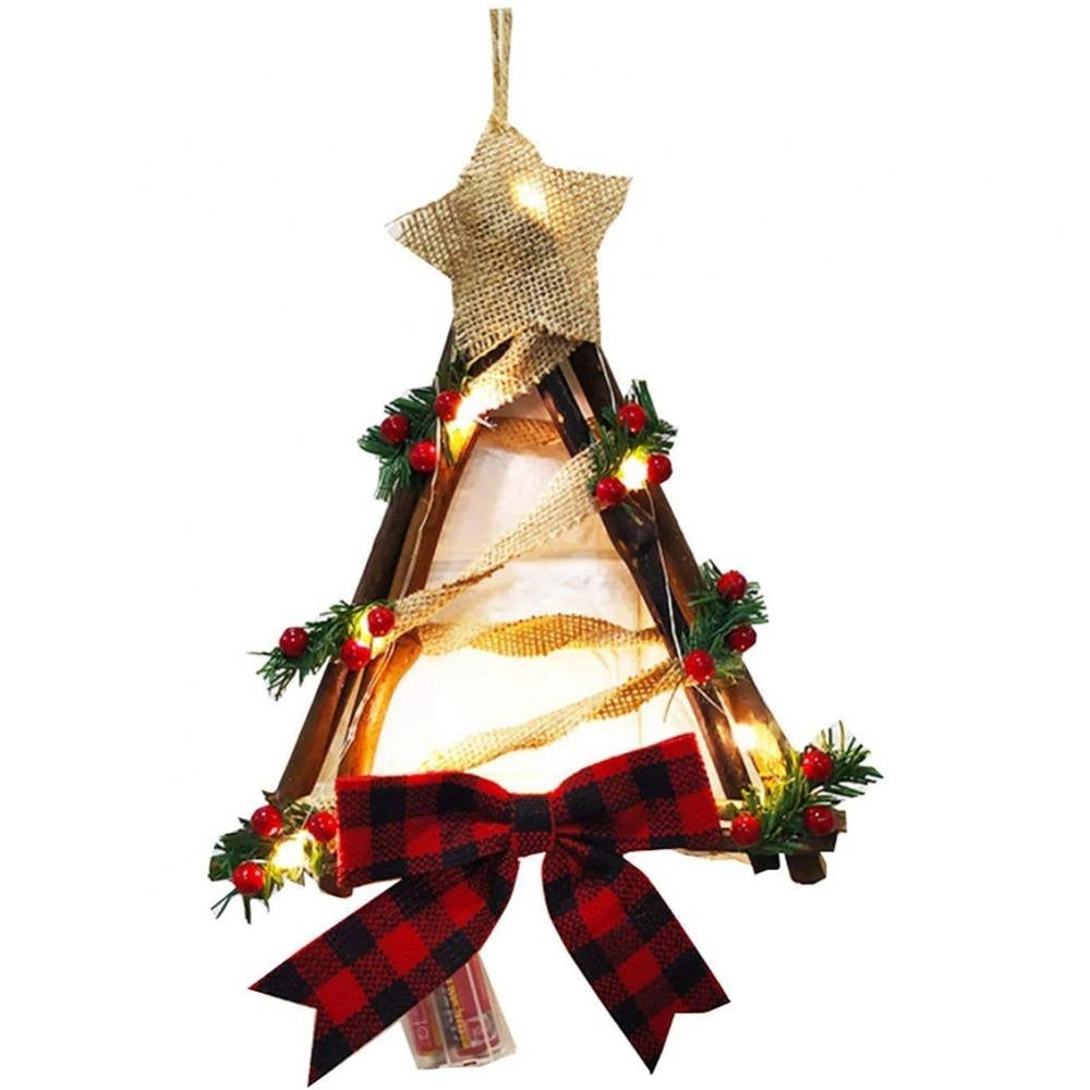 Rustic LED Christmas tree lantern with a star on top, designed for tabletop or hanging display; decorated in a traditional triangular evergreen shape for holiday ambiance.