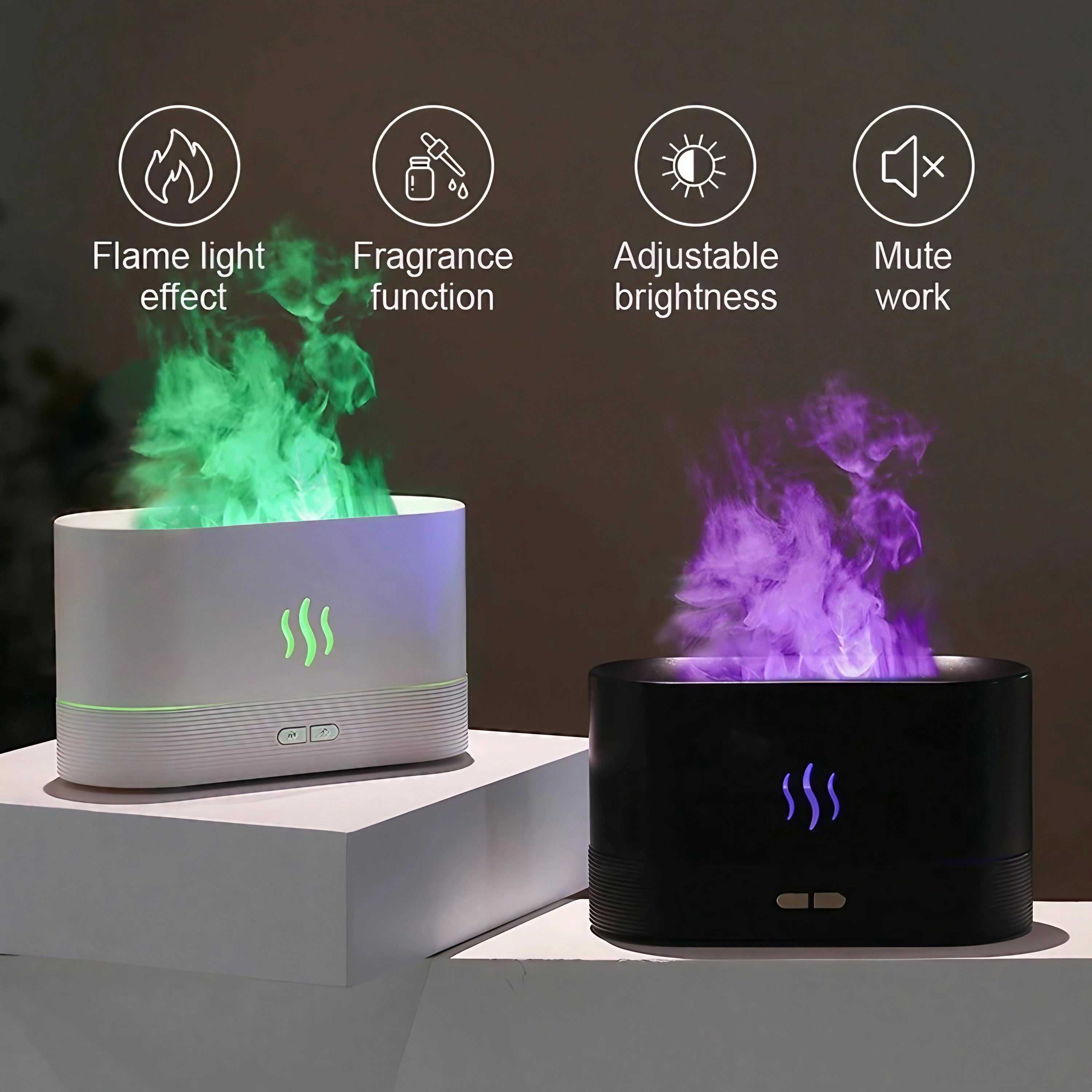 LED Flame Aroma Diffuser & Ultrasonic Mist Maker Humidifier in black, featuring a sleek rectangular design with illuminated flame-like lighting effect, suitable for enhancing ambient lighting and air quality.