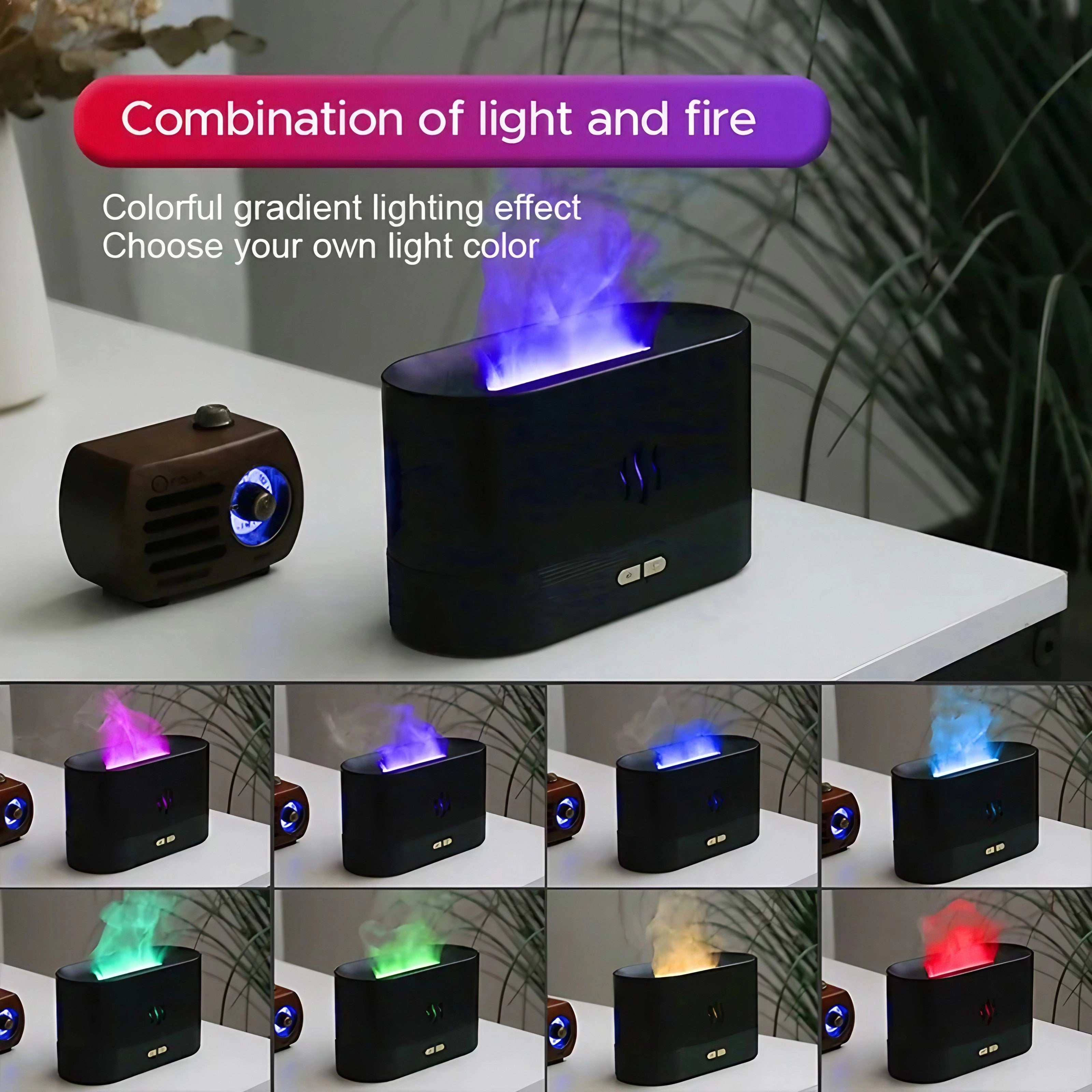 LED Flame Aroma Diffuser and Ultrasonic Mist Maker Humidifier with a sleek rectangular design, featuring a purple light that emits a soft glow.