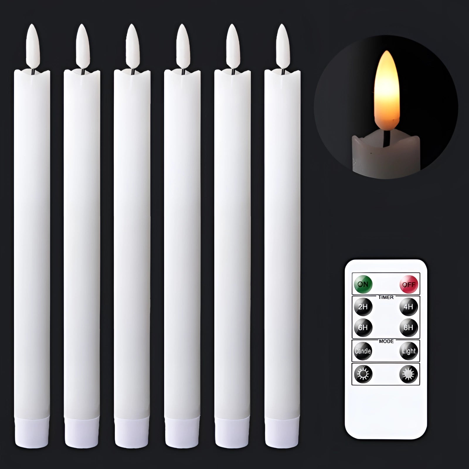 LED flameless flickering taper candles with a realistic wax-like appearance, shown lit and placed in elegant candle holders, accompanied by a remote control for convenient operation.