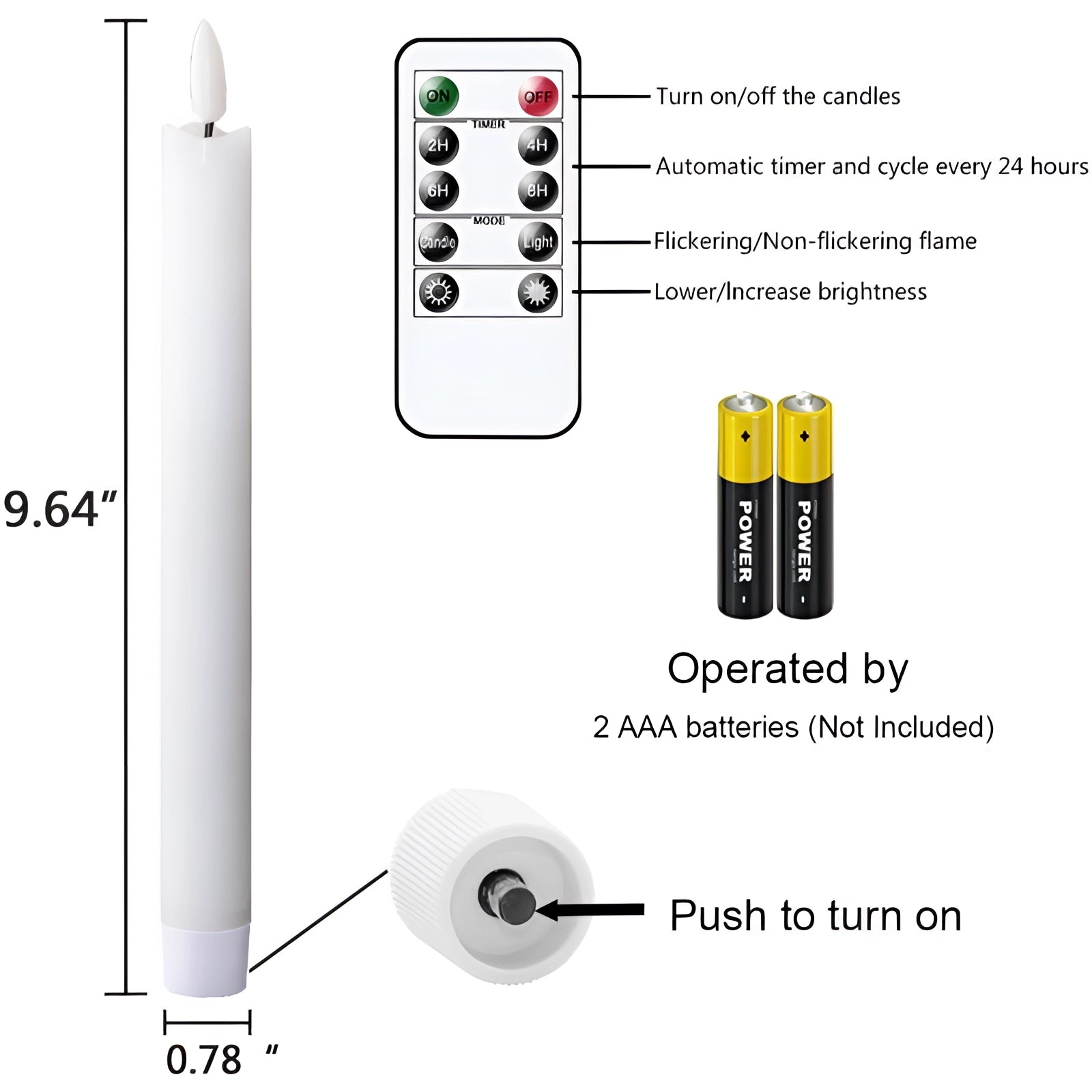 LED Flameless Flickering Taper Candles with Remote featuring a realistic flame effect, designed for safe, battery-operated use without the need for an open flame.