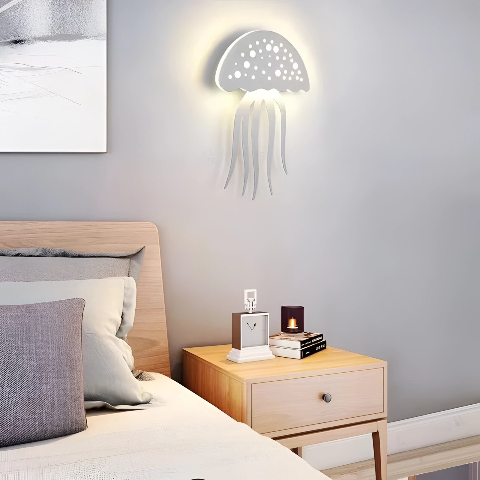 LED Jellyfish Wall Light in cold white color, mounted on a wooden panel against a grey wall, blending seamlessly with modern interior design elements.