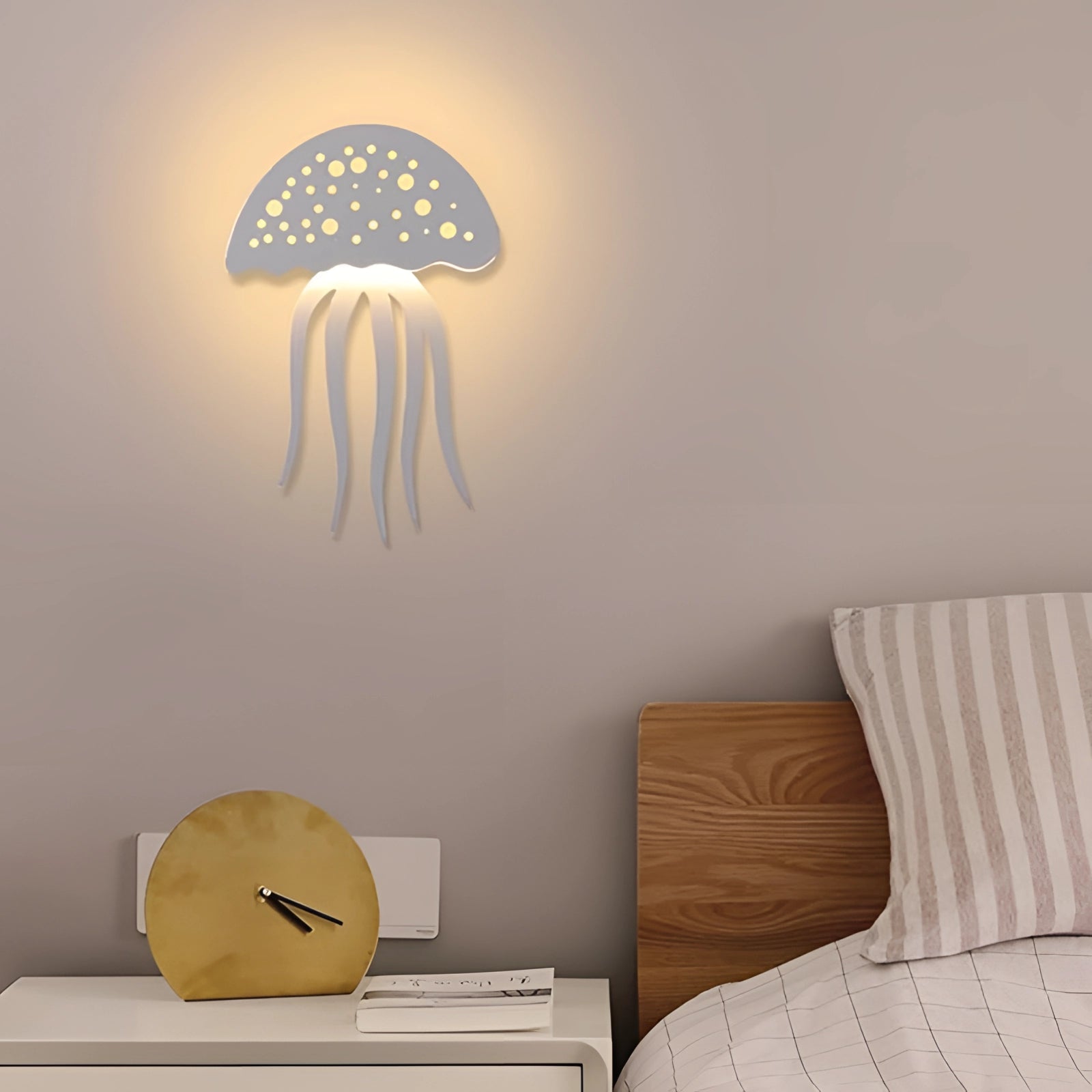 LED Jellyfish Wall Light in white and yellow hues, featuring an ocean-themed design with wooden elements, mounted on a wall as a part of interior decor, providing ambient lighting and artistic comfort.