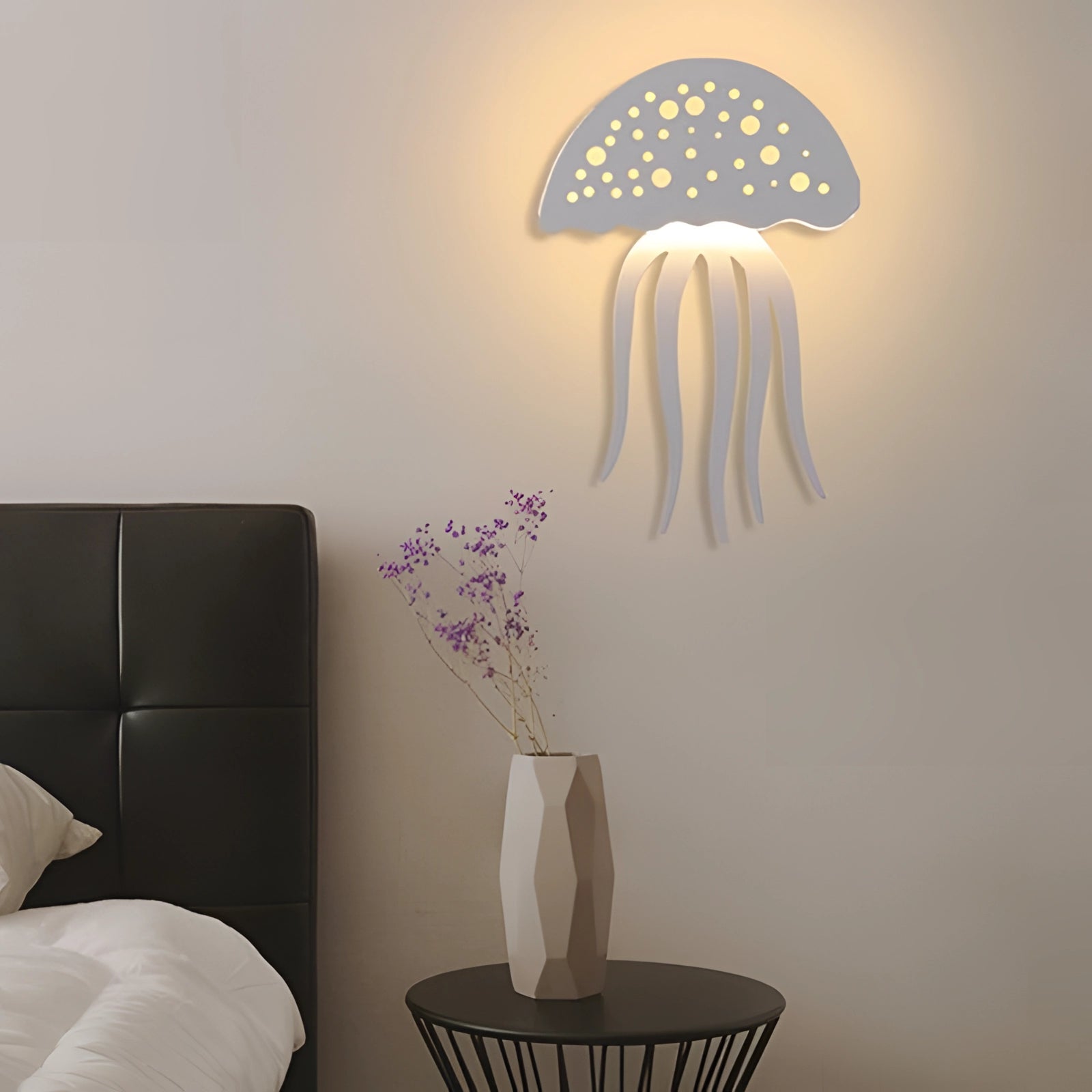 LED Jellyfish Wall Light featuring a purple jellyfish design with eco-friendly wood accents, mounted on a wall in a stylish interior setting.