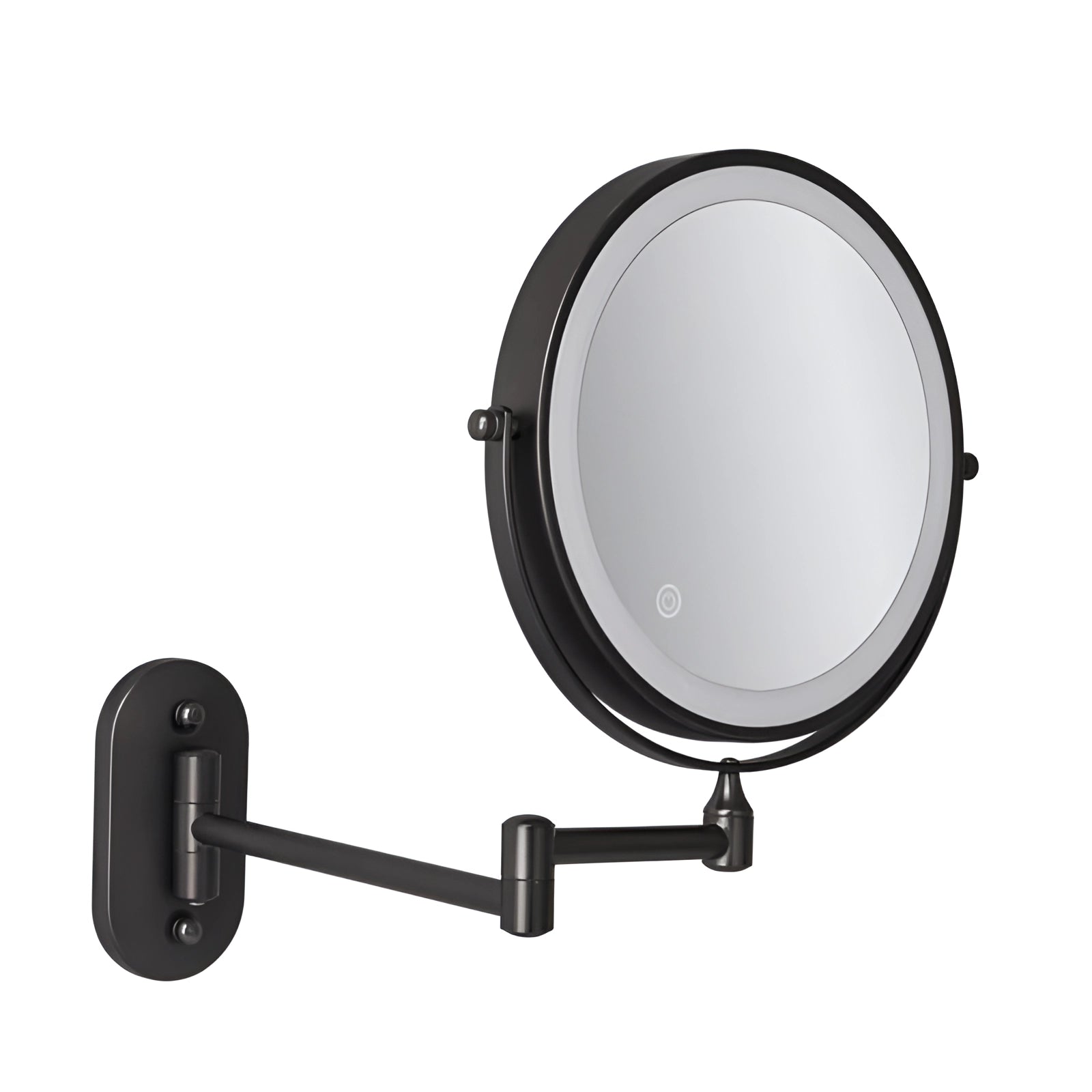 LED Lighted Wall-Mounted Magnifying Makeup Mirror with Adjustable Touch Sensor, featuring a circular design and metal frame.