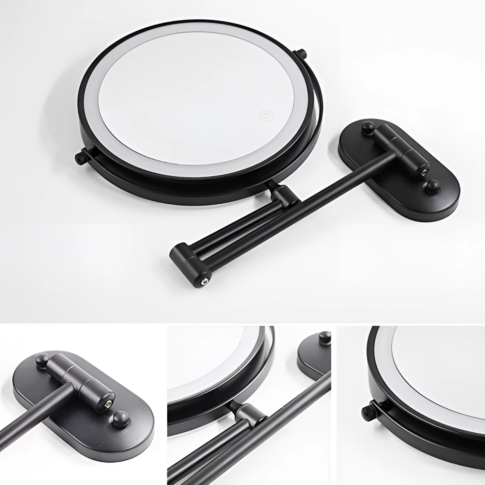 LED lighted wall-mounted magnifying makeup mirror with adjustable touch sensor, featuring a circular white design and metal frame.