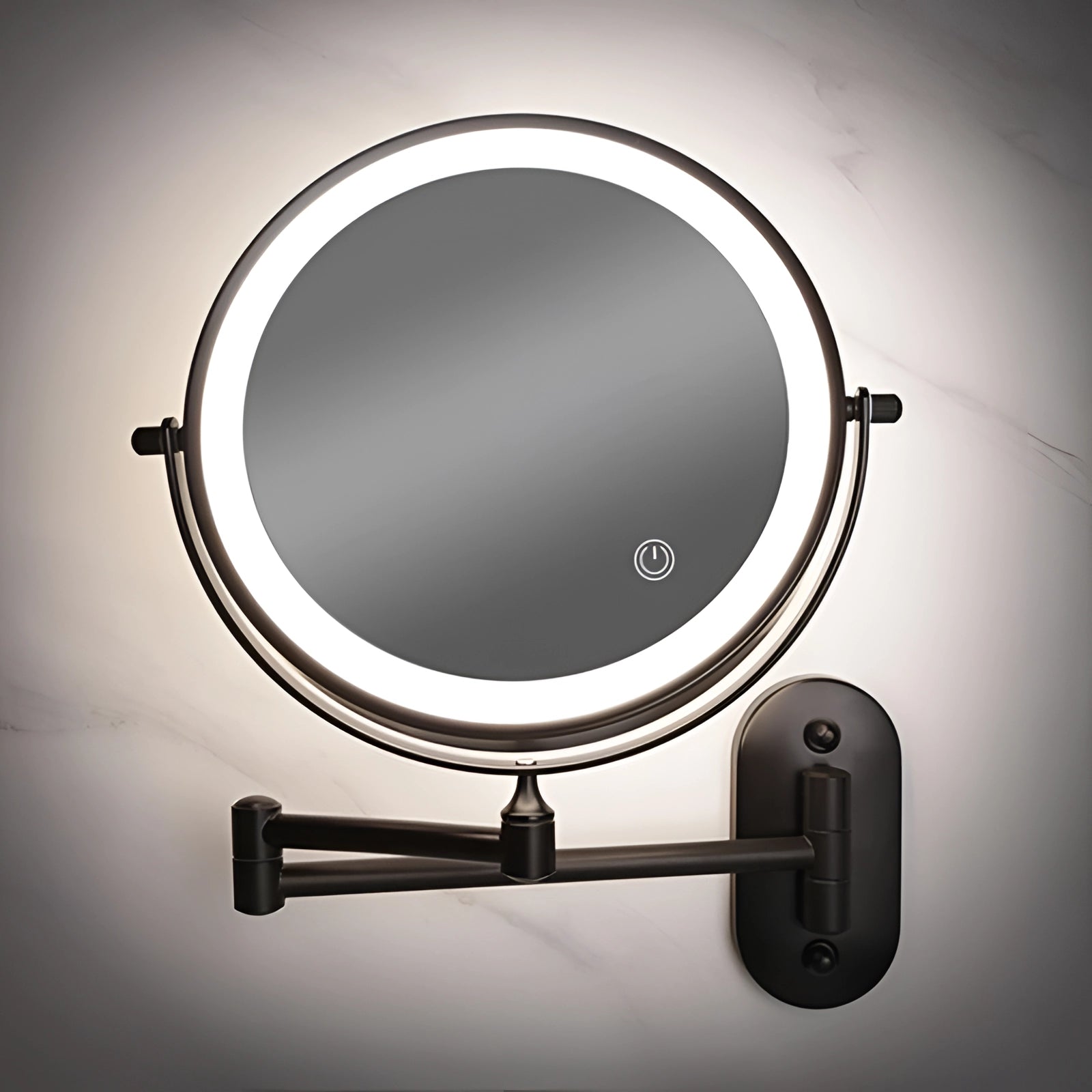 Wall-mounted adjustable LED lighted magnifying makeup mirror with 10X magnification and touch sensor.