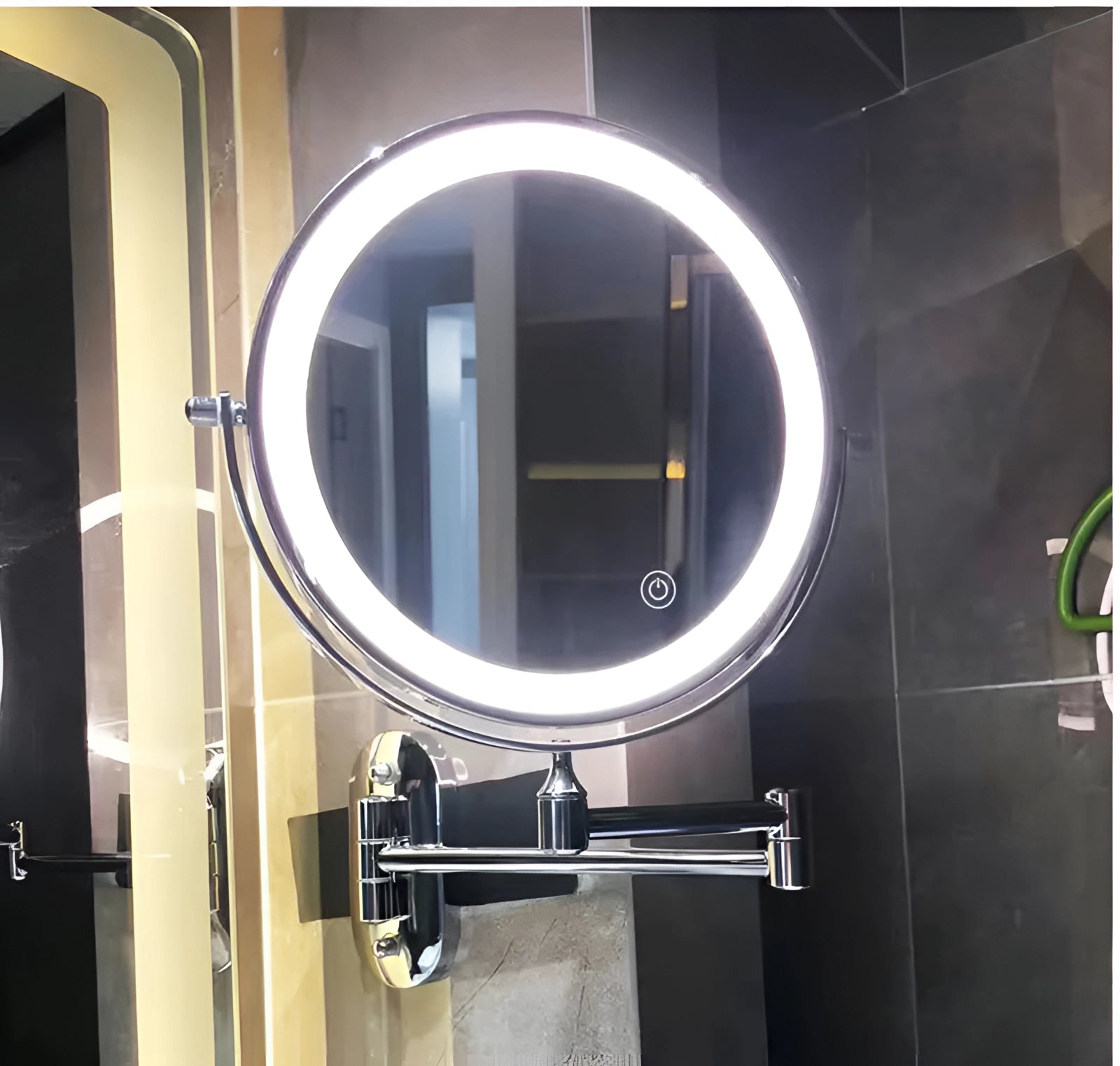 LED lighted wall-mounted magnifying makeup mirror with adjustable touch sensor, featuring a sleek rectangular design with metal fixtures and glass surface.