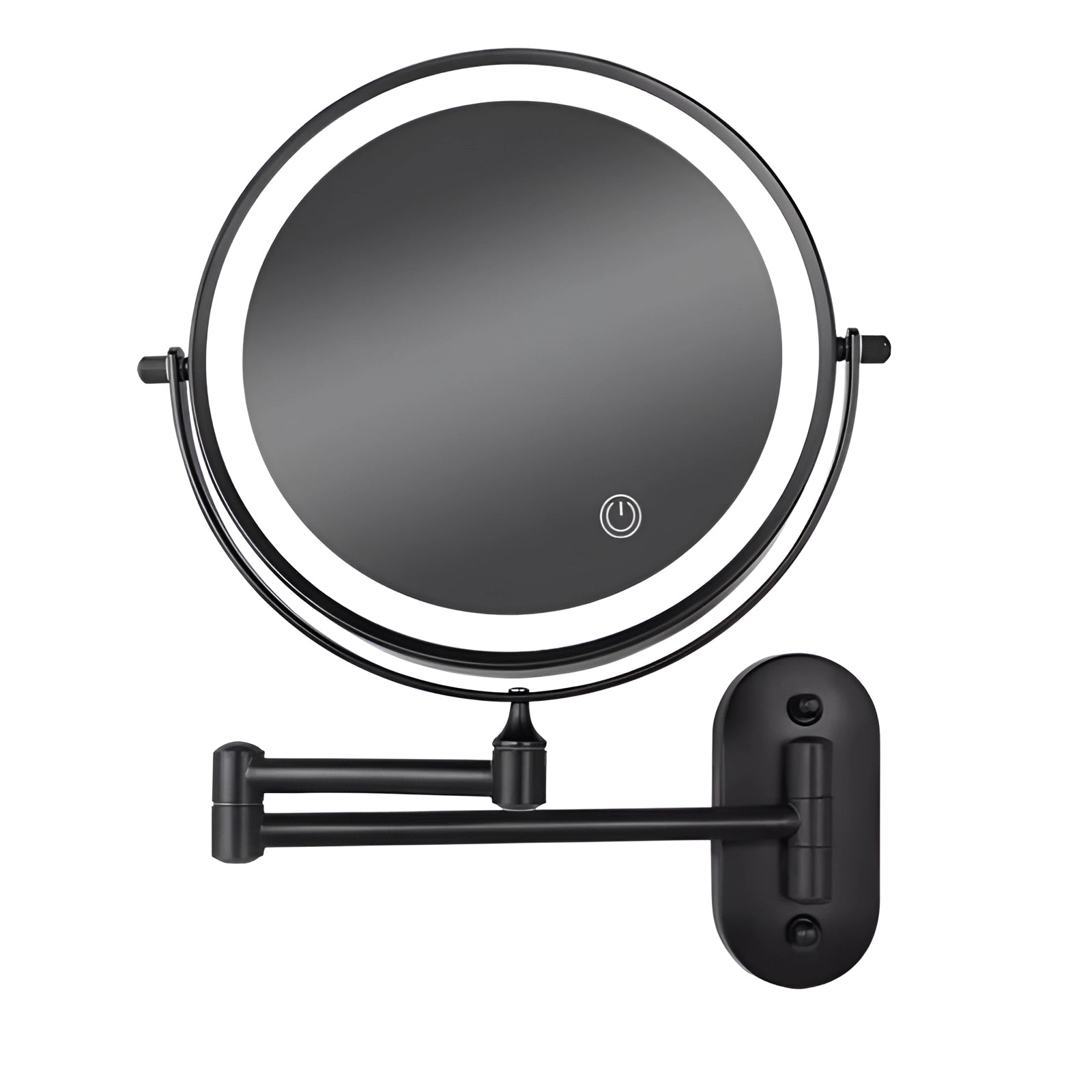 Wall-mounted LED lighted magnifying makeup mirror with adjustable touch sensor, featuring a circular design.