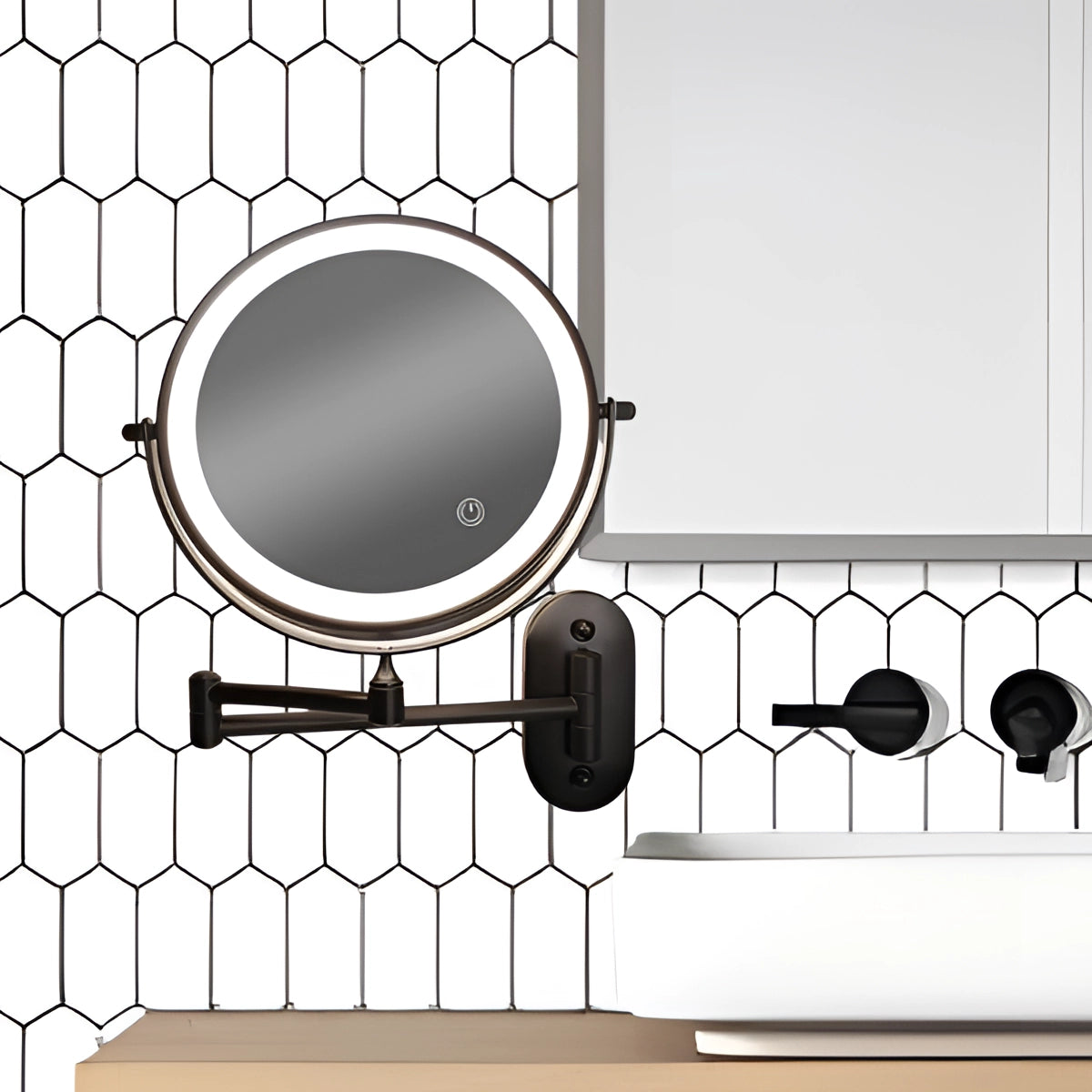 LED Lighted Wall-Mounted Magnifying Makeup Mirror with Adjustable Touch Sensor illuminated and mounted on a bathroom wall.