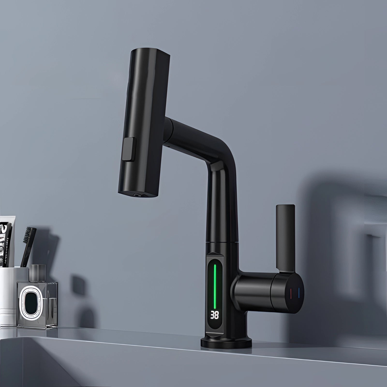 Black LED temp display faucet with pull-out spray feature, showcasing a smart touch digital display. The eco-friendly fixture made of composite and aluminum materials is designed for modern kitchens and bathrooms.