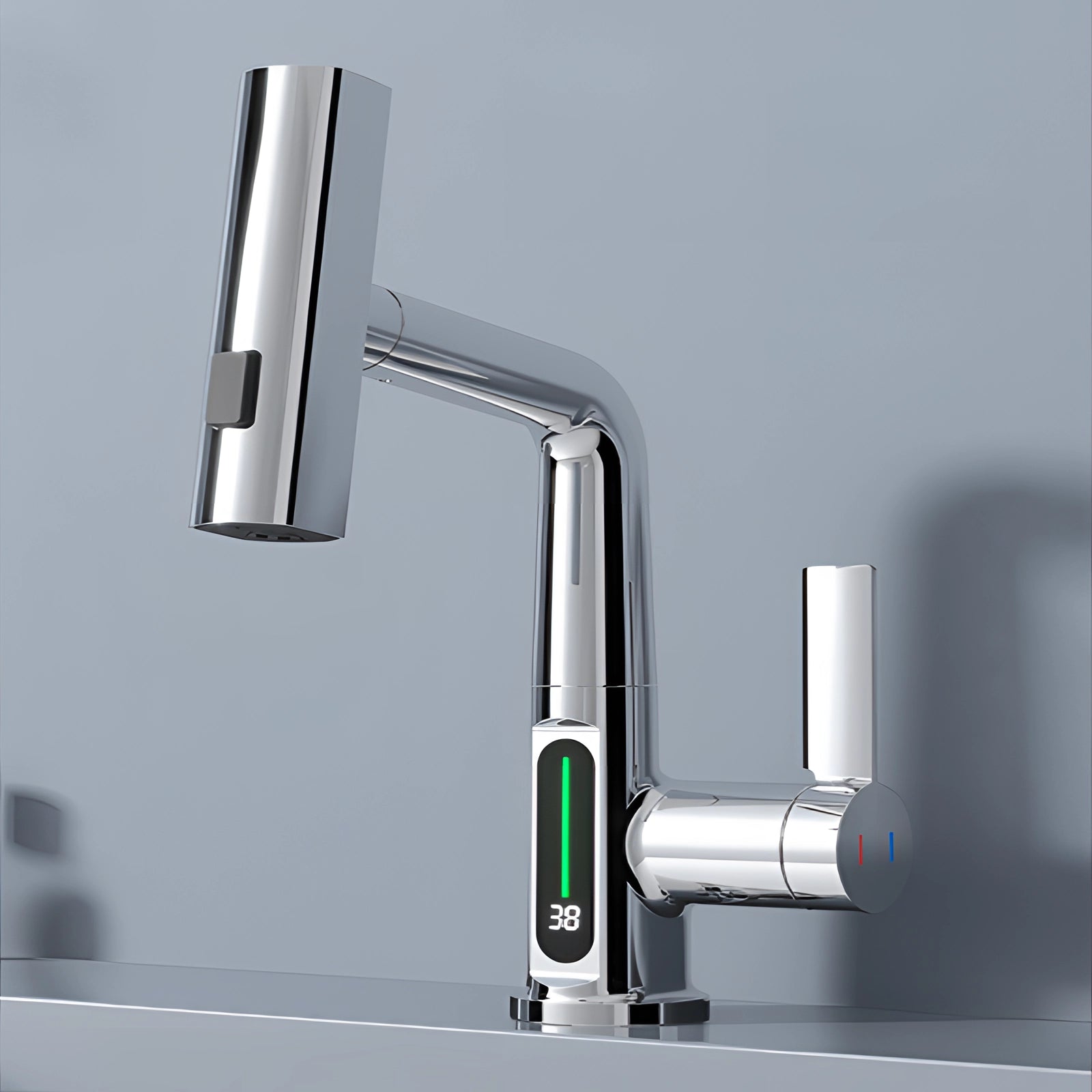 Gray LED temp display faucet with a pull-out spray and smart touch features, made from eco-friendly materials including metal and aluminum, featuring a digital display.