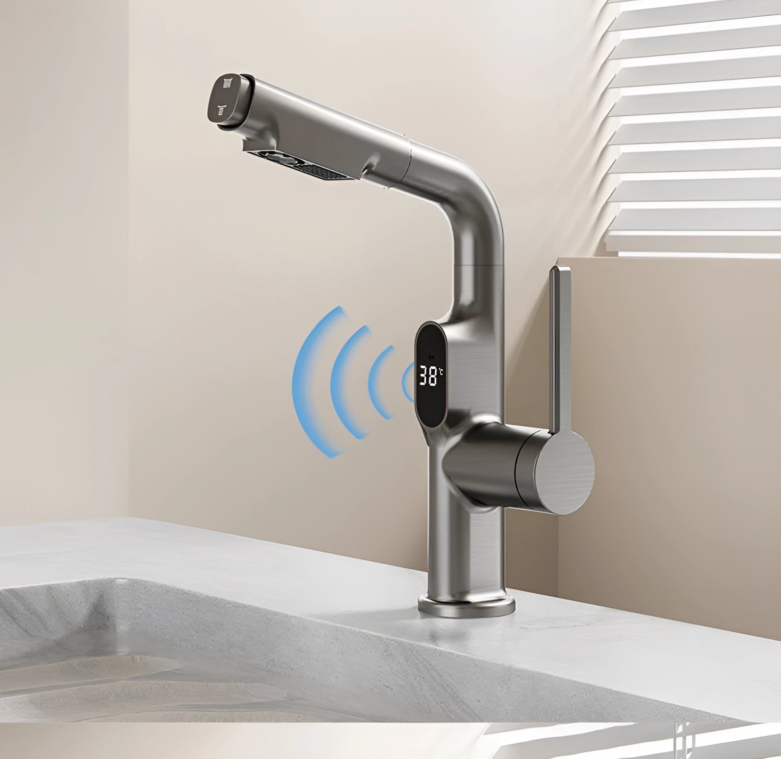 Sleek LED temp display faucet with a pull-out spray, featuring an eco-friendly design and smart touch technology, set against a modern kitchen backdrop with metal and wooden elements.