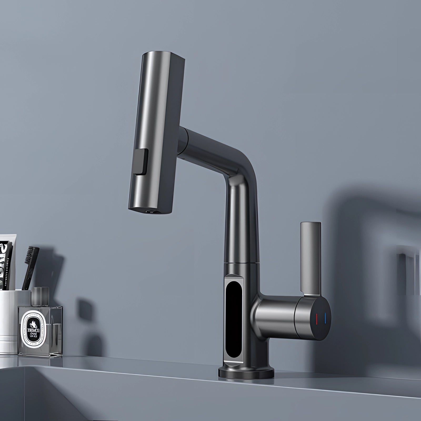 Gray LED Temp Display Faucet with Pull-Out Spray and Smart Touch feature, showcasing a sleek automotive-inspired design made from composite materials with a brushed nickel and aluminum finish.