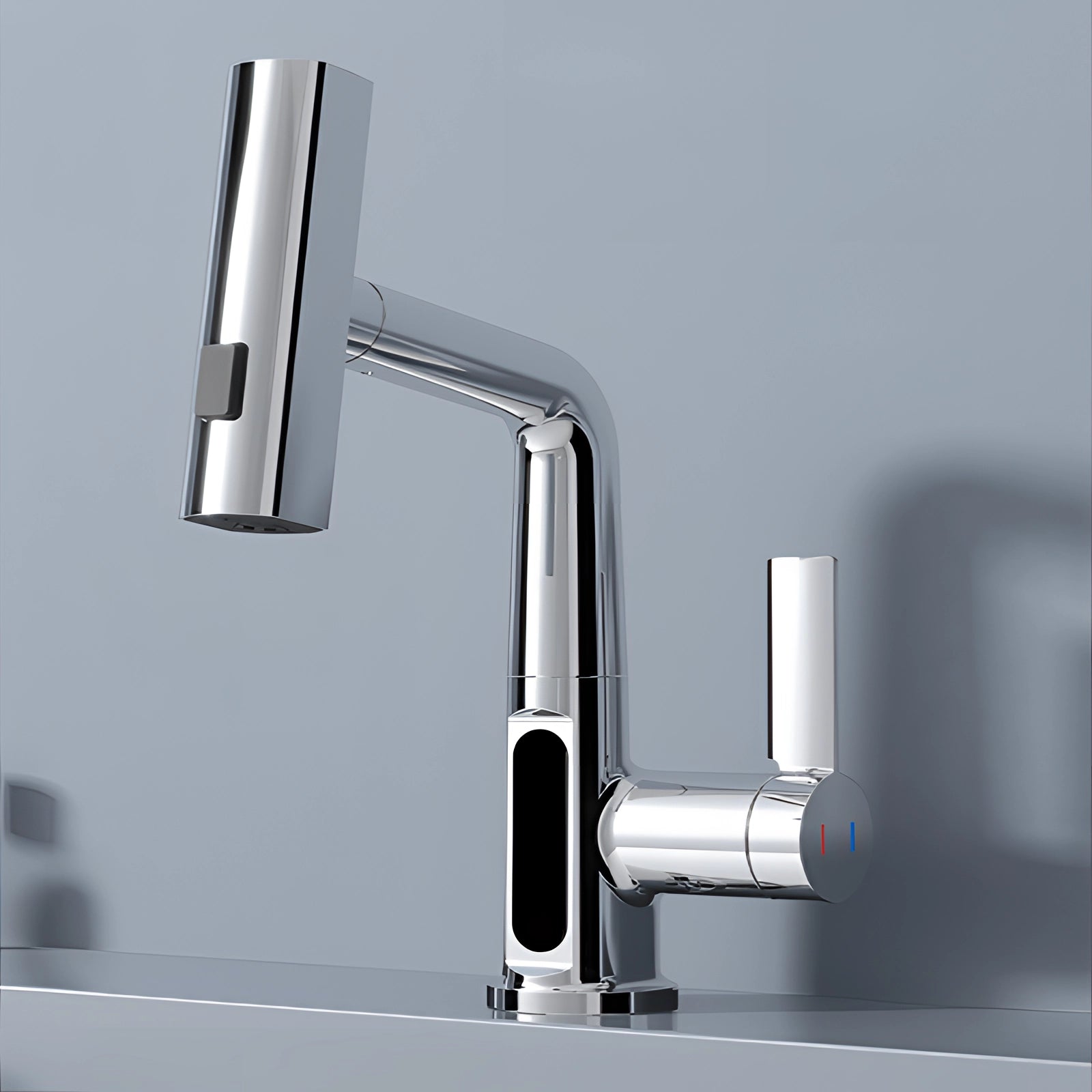 Sleek silver LED temp display faucet with a pull-out spray design, featuring a smart touch mechanism and eco-friendly technology, crafted from high-quality metal materials.