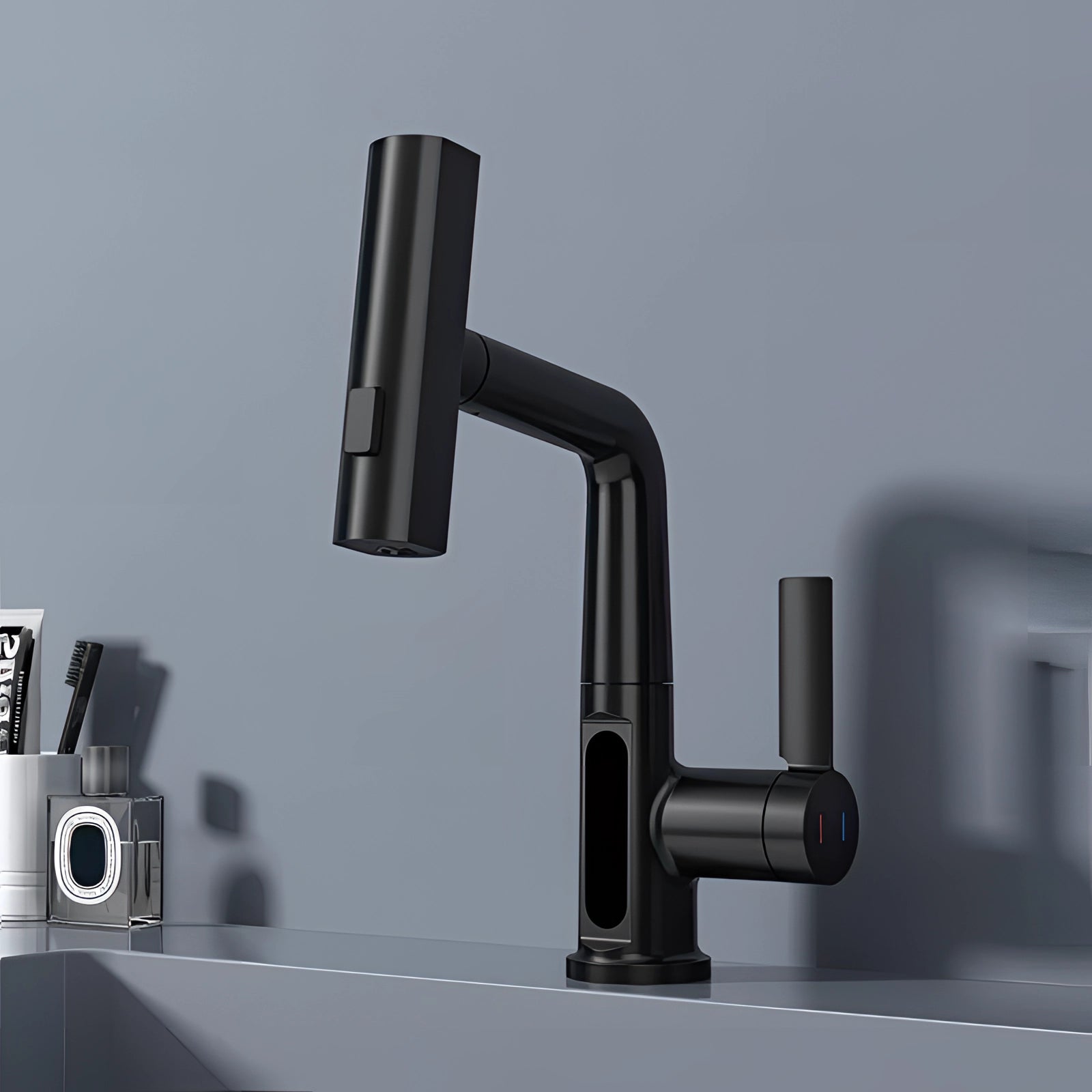 A sleek black pull-out spray faucet with a modern design, crafted from durable materials, without a digital display.