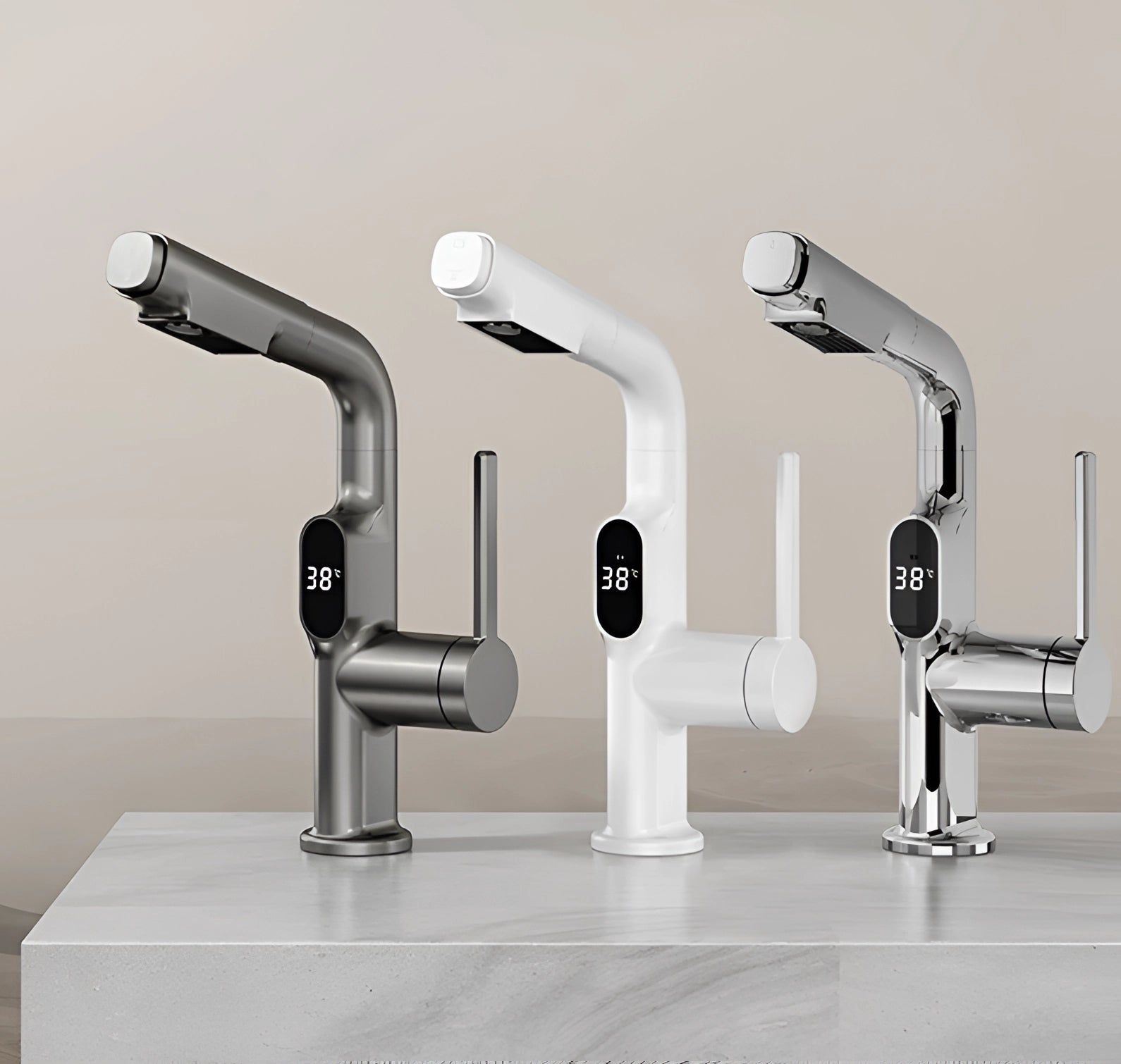 
A modern LED temperature display faucet with a pull-out spray feature, eco-friendly design, and smart touch functionality, constructed from sleek metal, likely aluminum, displayed in a clean, contemporary setting.