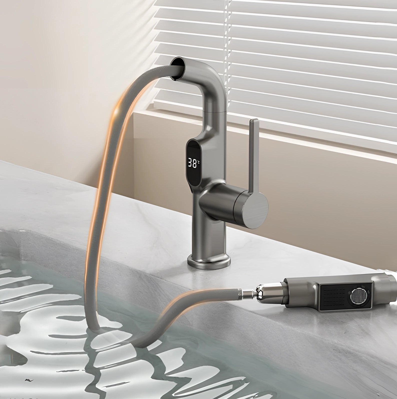 LED temperature display faucet with pull-out spray feature, showcasing its eco-friendly and smart touch technology; the faucet is running water against a wooden background.