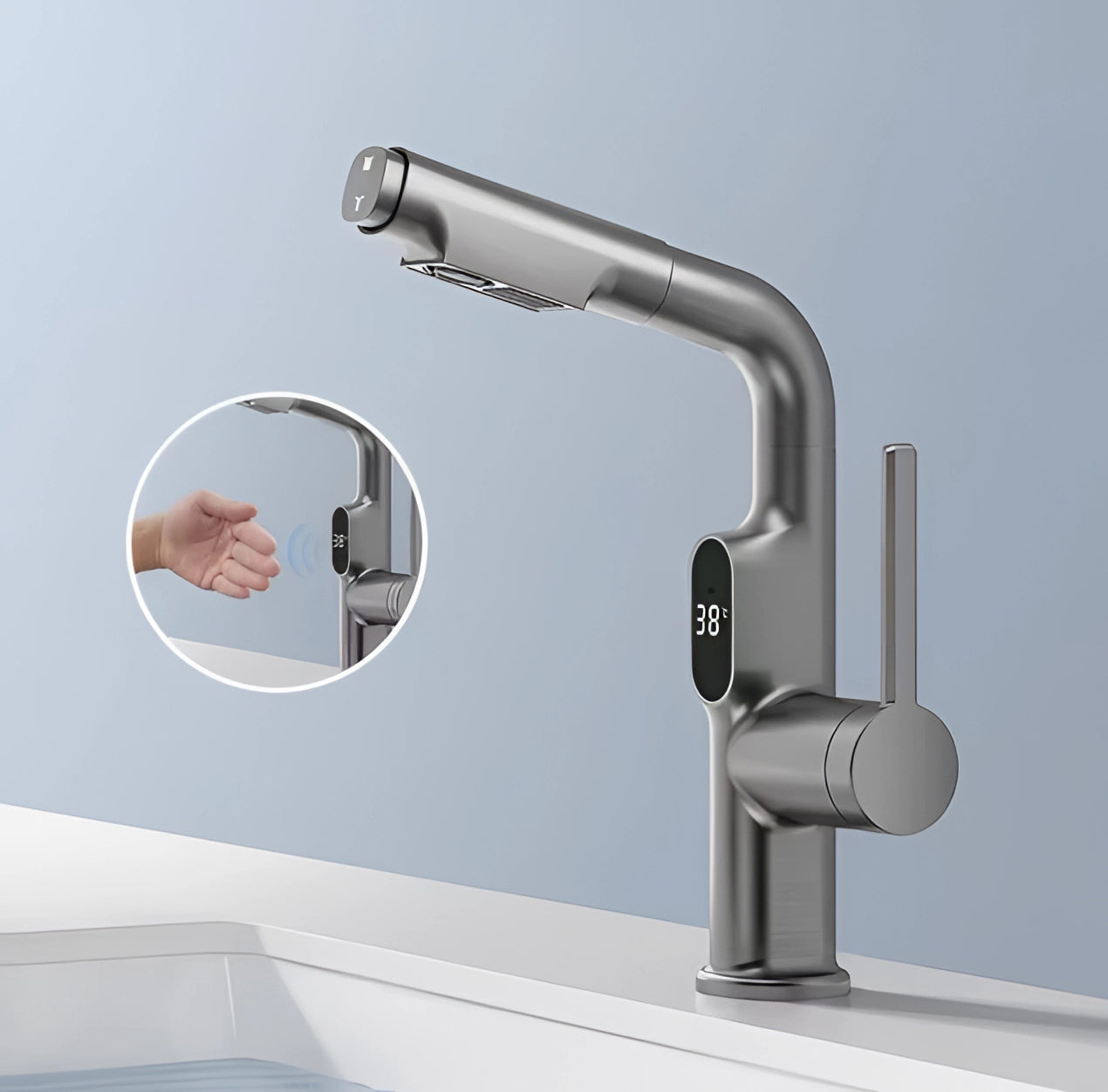 Smart touch LED temperature display faucet with pull-out spray feature, shown installed on a sink with a modern design. The image includes a view of the faucet, highlighting its eco-friendly design and touch-activated functionality.