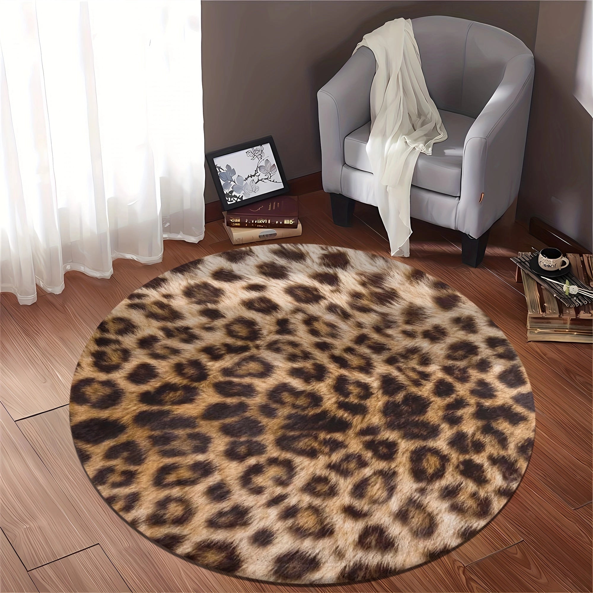 Leopard print round rug with faux fur texture in a modern room featuring hardwood flooring. Rug size is 80x80cm.