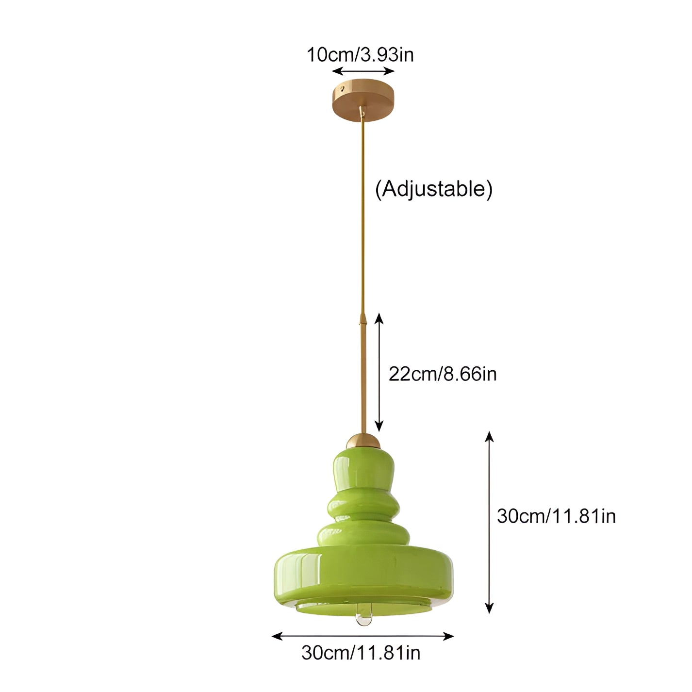 Lime green modern pendant light with a Scandinavian tiered design hanging in a kitchen.