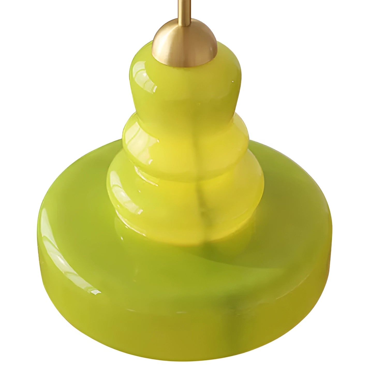 Lime green modern pendant light with a tiered design, hanging in a kitchen setting with Scandinavian style elements, featuring a metallic finish and circular shape.