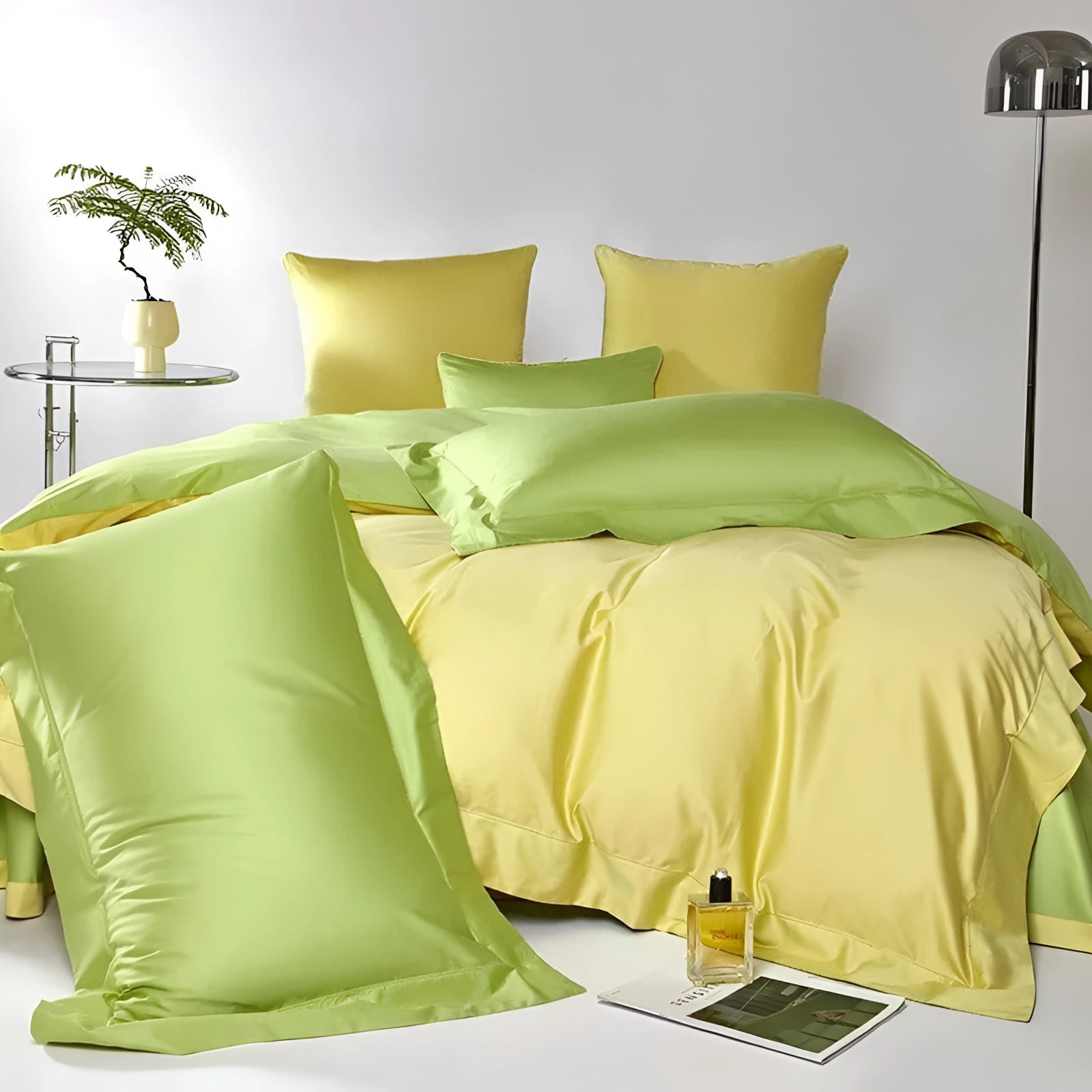 Luxurious lime green satin bedding set featuring a silky duvet and matching pillowcases, elegantly displayed in a well-designed interior with wooden flooring.