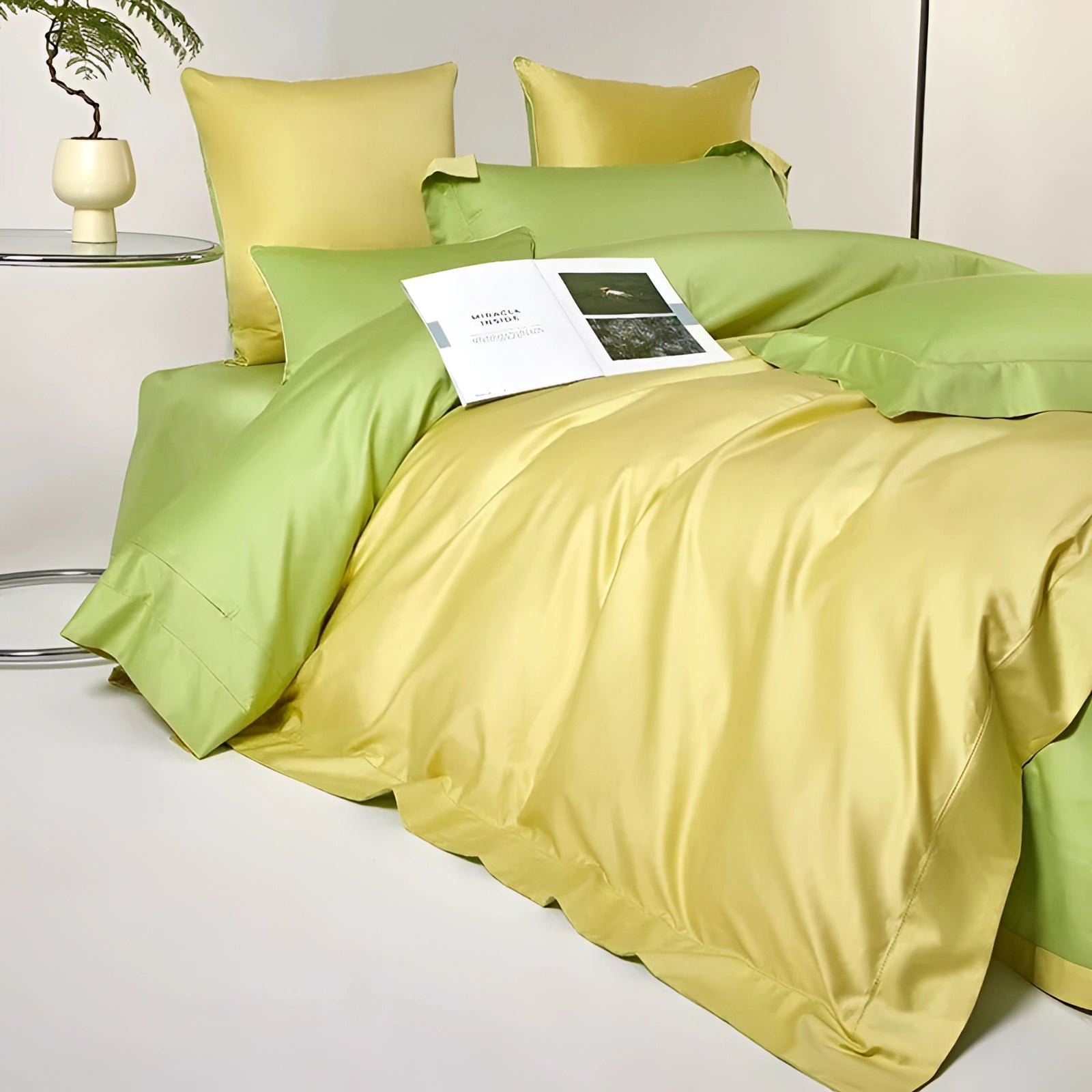 Lime green satin bedding set on a bed with a matching duvet cover and pillowcases, surrounded by a modern interior with wooden furniture and decorative flowerpots.