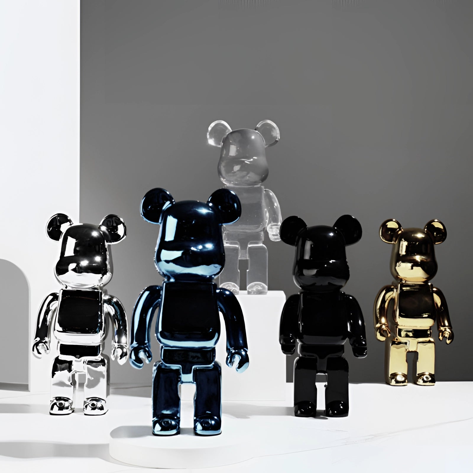 Clear vinyl Bearbrick designer art toy figurine featuring a stylized bear shape with articulated limbs, showcasing a unique transparent design, often seen as a collectible art piece.