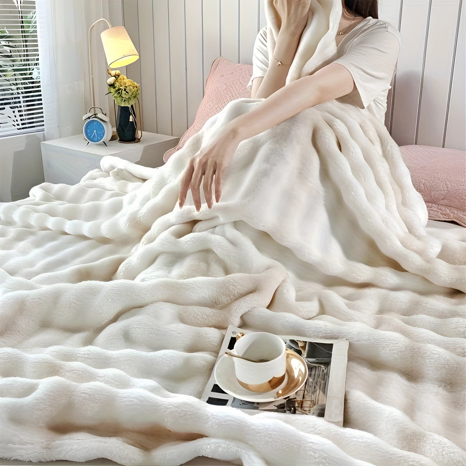 Luxurious beige faux fur blanket draped over a bed, showcasing its soft, plush texture. The blanket is styled in a cozy bedroom setting with wood flooring, enhancing the warm and comfortable atmosphere.