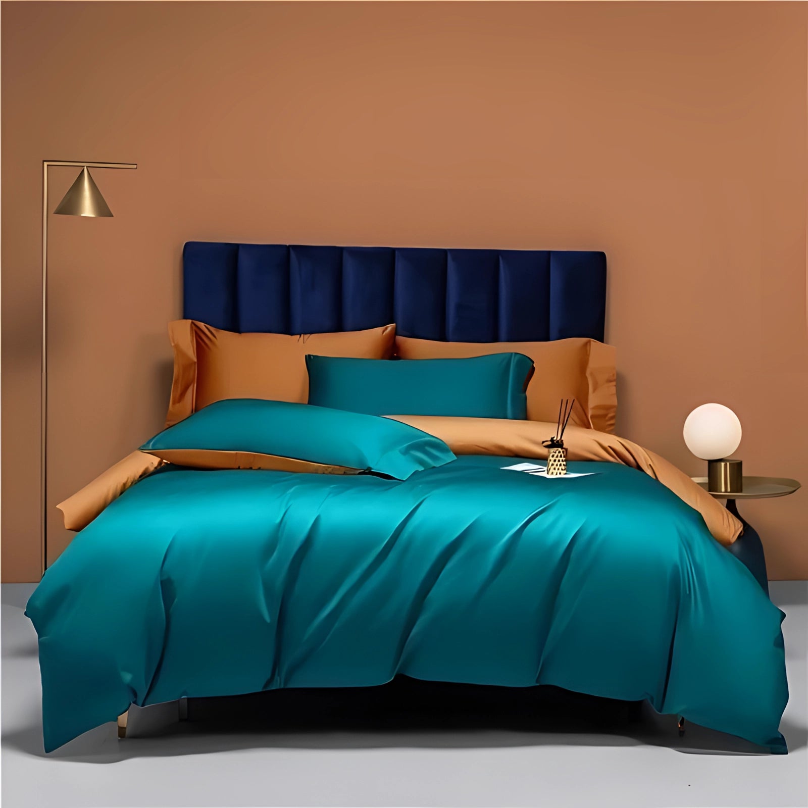 Luxury bedding set in aqua blue, king size, with Egyptian cotton linens, beautifully arranged on a wooden bed frame. The set includes pillows and complements the interior design with its comforting and stylish appearance against a polished floor.