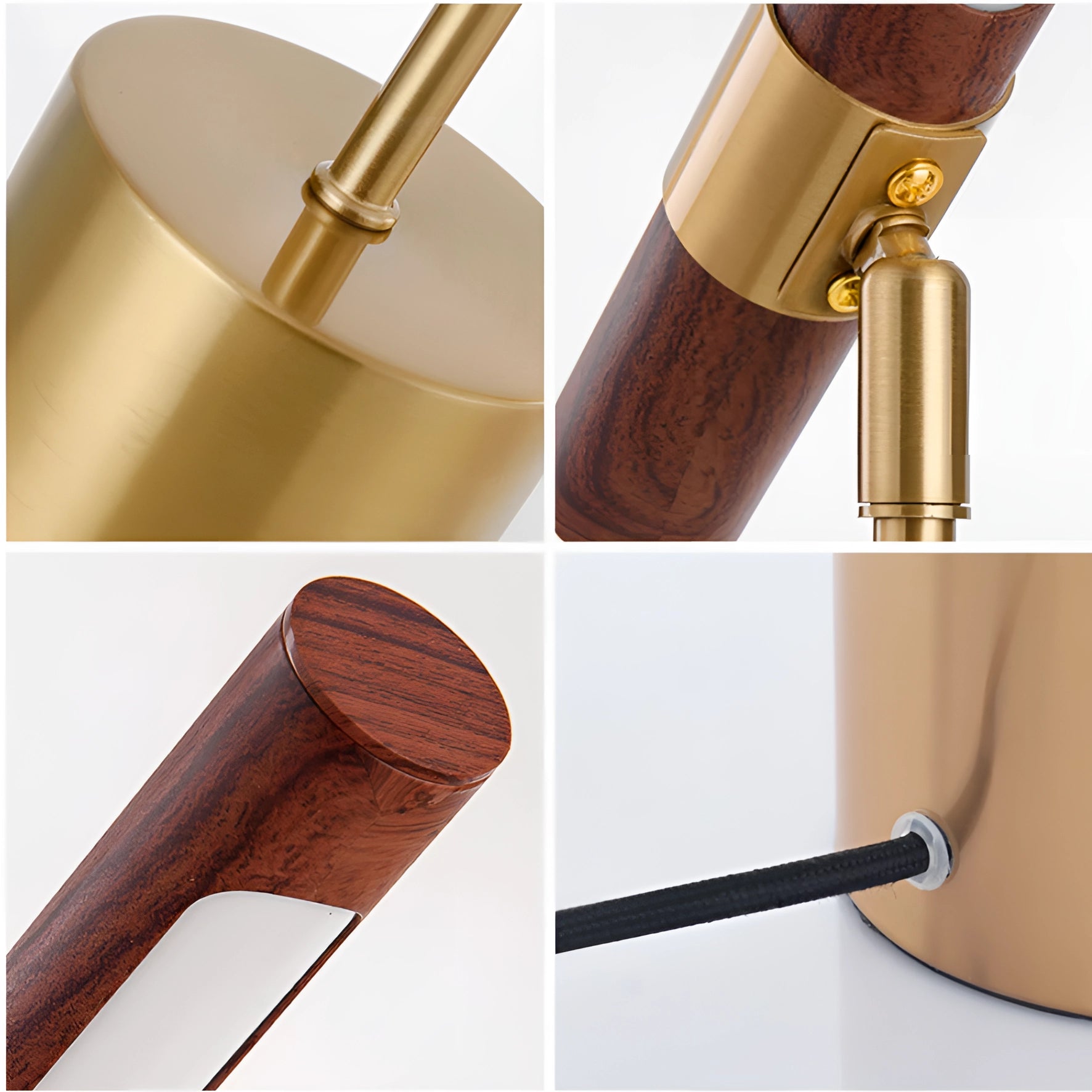 Luxury Brass and Wood Adjustable Desk Lamp with Modern Design, Featuring a Combination of Polished Brass and Natural Wood Materials