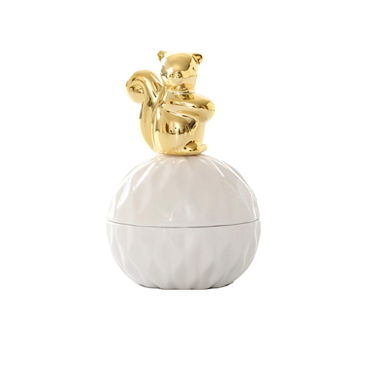 Luxury ceramic squirrel-shaped jewelry holder with a shiny gold lid, featuring intricate porcelain design, perfect for use as an ornament or to stylishly store and display jewelry.