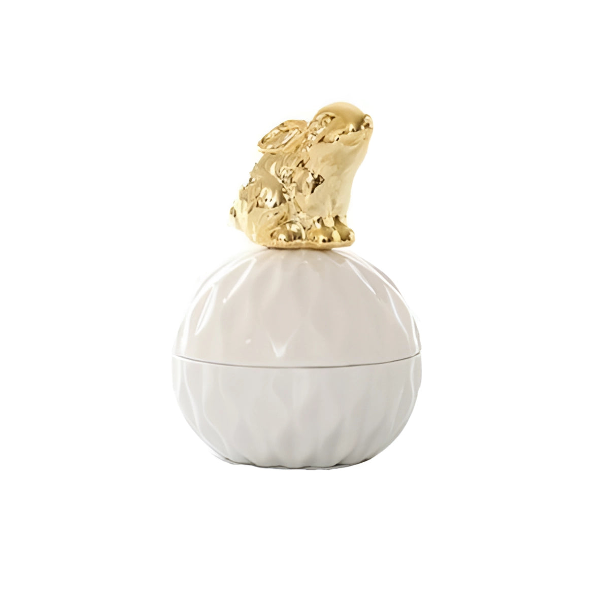 
A luxury ceramic squirrel-shaped box with a gold lid, designed as a jewelry holder, featuring a hare variant. The box resembles an ornamental and fashionable accessory, suitable for holding body jewelry.