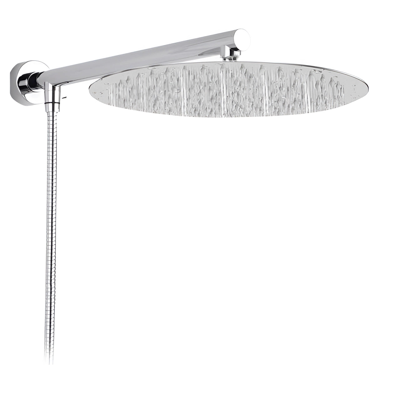 Luxury chrome high-pressure wall-mount rainfall shower head with a round design, featuring a sleek metal finish.