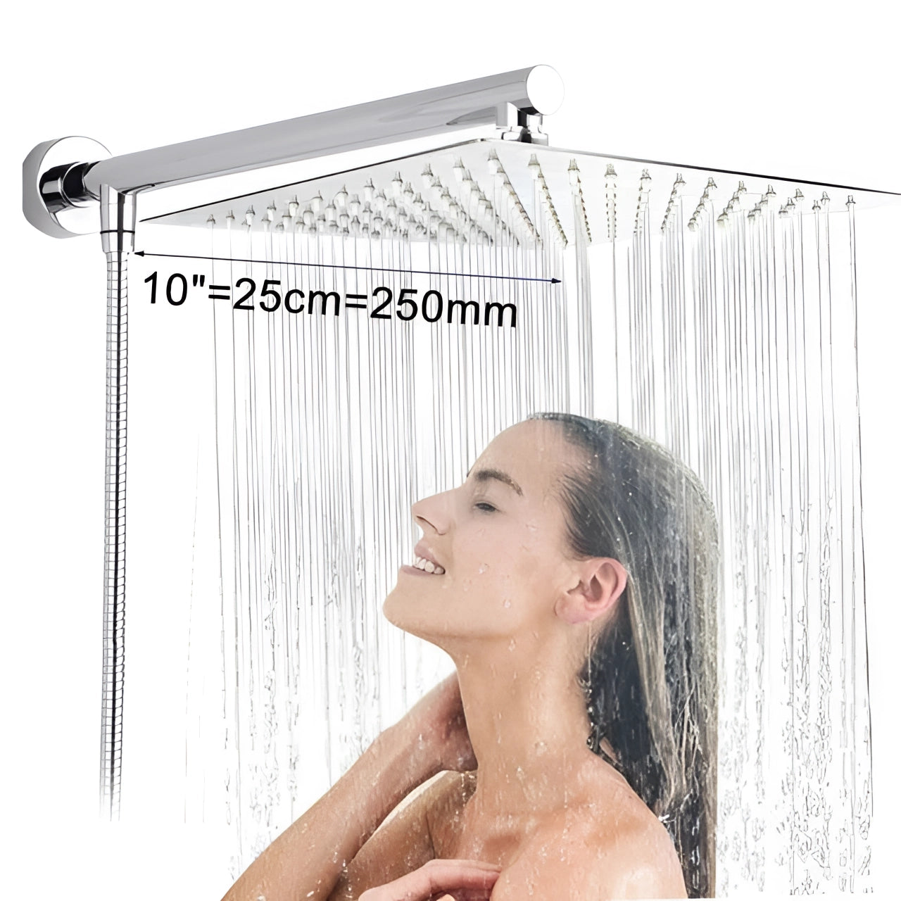 Luxurious chrome high-pressure wall-mount rainfall shower head installed in a modern bathroom setting, designed to enhance the shower experience with a sleek and stylish appearance.