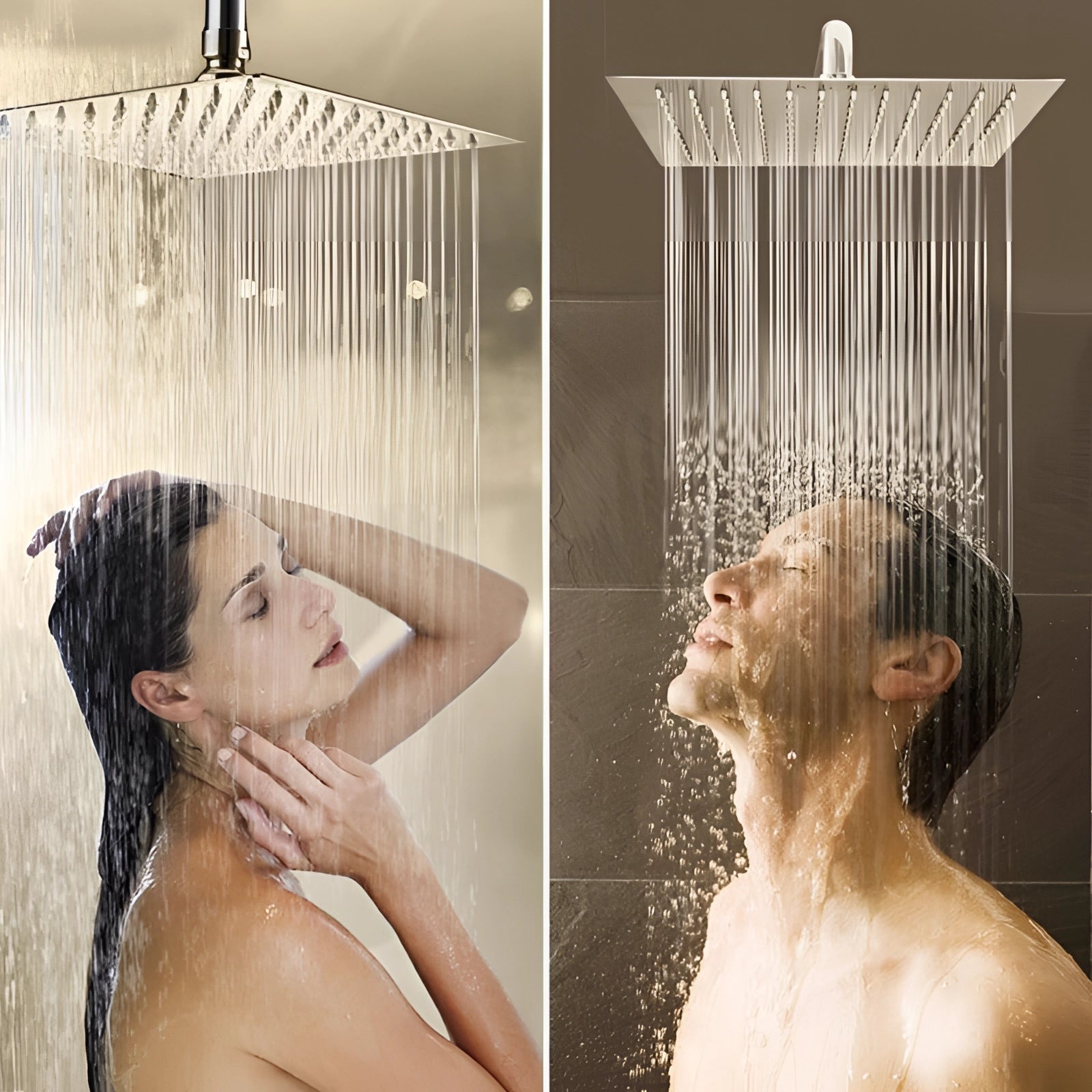 Luxury chrome high-pressure wall-mount rainfall shower head installed in a bathroom setting, water cascading down with a sleek, modern design.