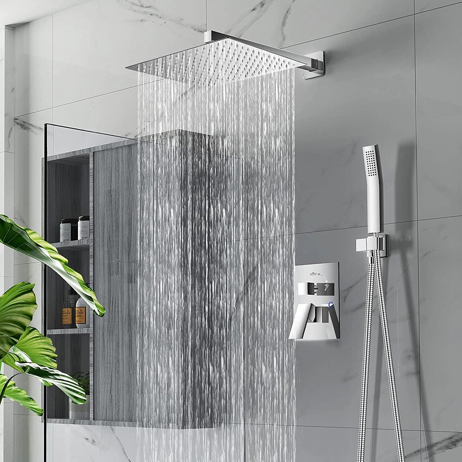 Luxury chrome high-pressure wall-mount rainfall shower head with a sleek rectangular design, set against a modern bathroom backdrop featuring glass and urban design elements.