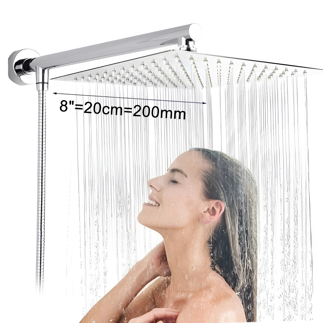 
A sleek chrome high-pressure wall-mount rainfall shower head installed in a bathroom, designed for a luxurious and invigorating shower experience.