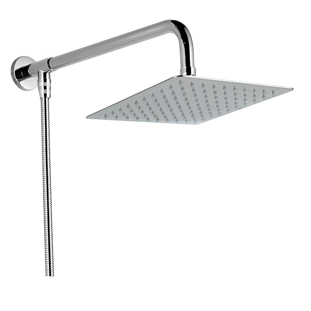 
A luxury chrome high-pressure wall-mount rainfall shower head with a sleek rectangular design made of durable metal materials like steel and aluminum, featuring a modern, polished finish.