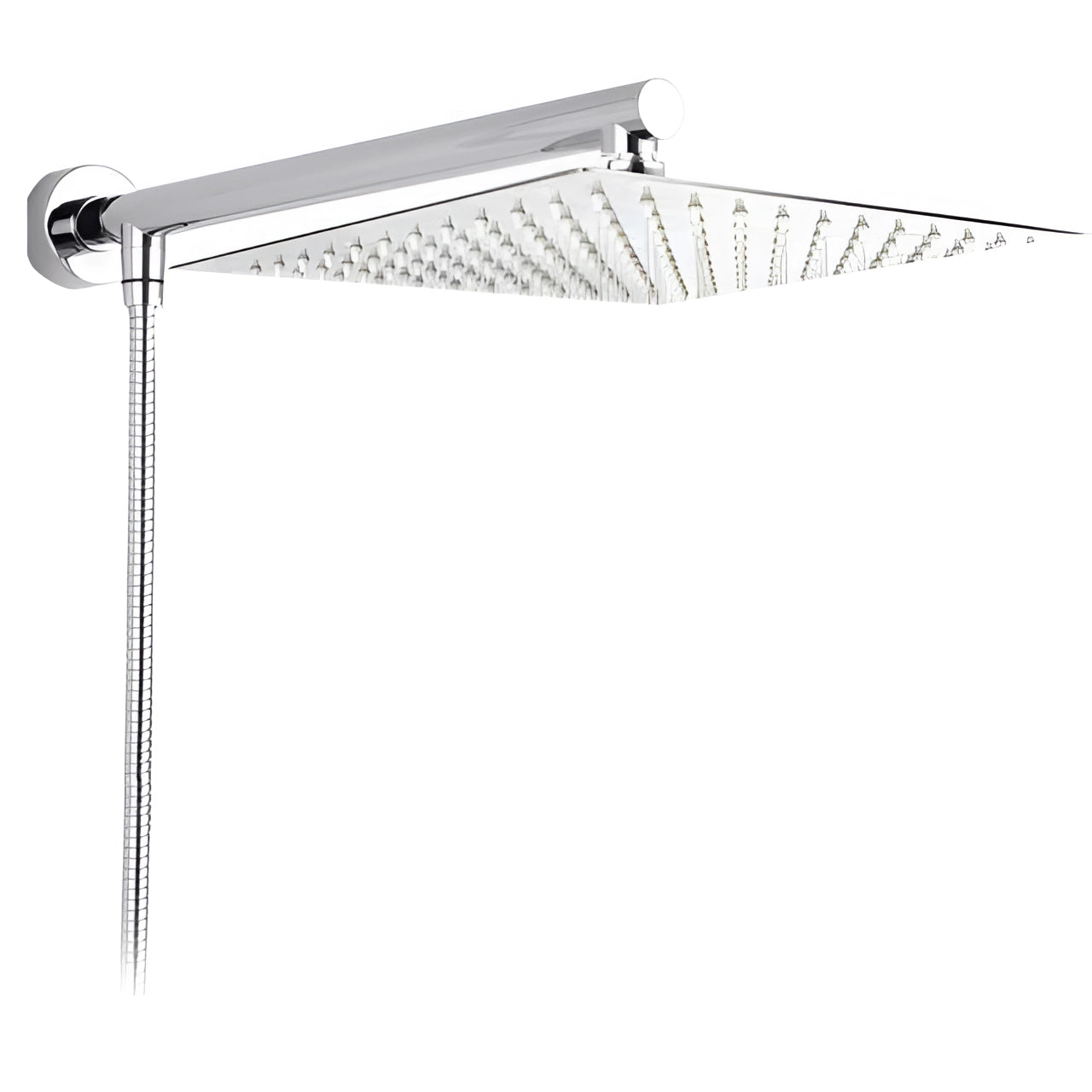 Sleek chrome high-pressure wall-mount rainfall shower head with a rectangular design, featuring a modern metallic finish that enhances any bathroom decor.