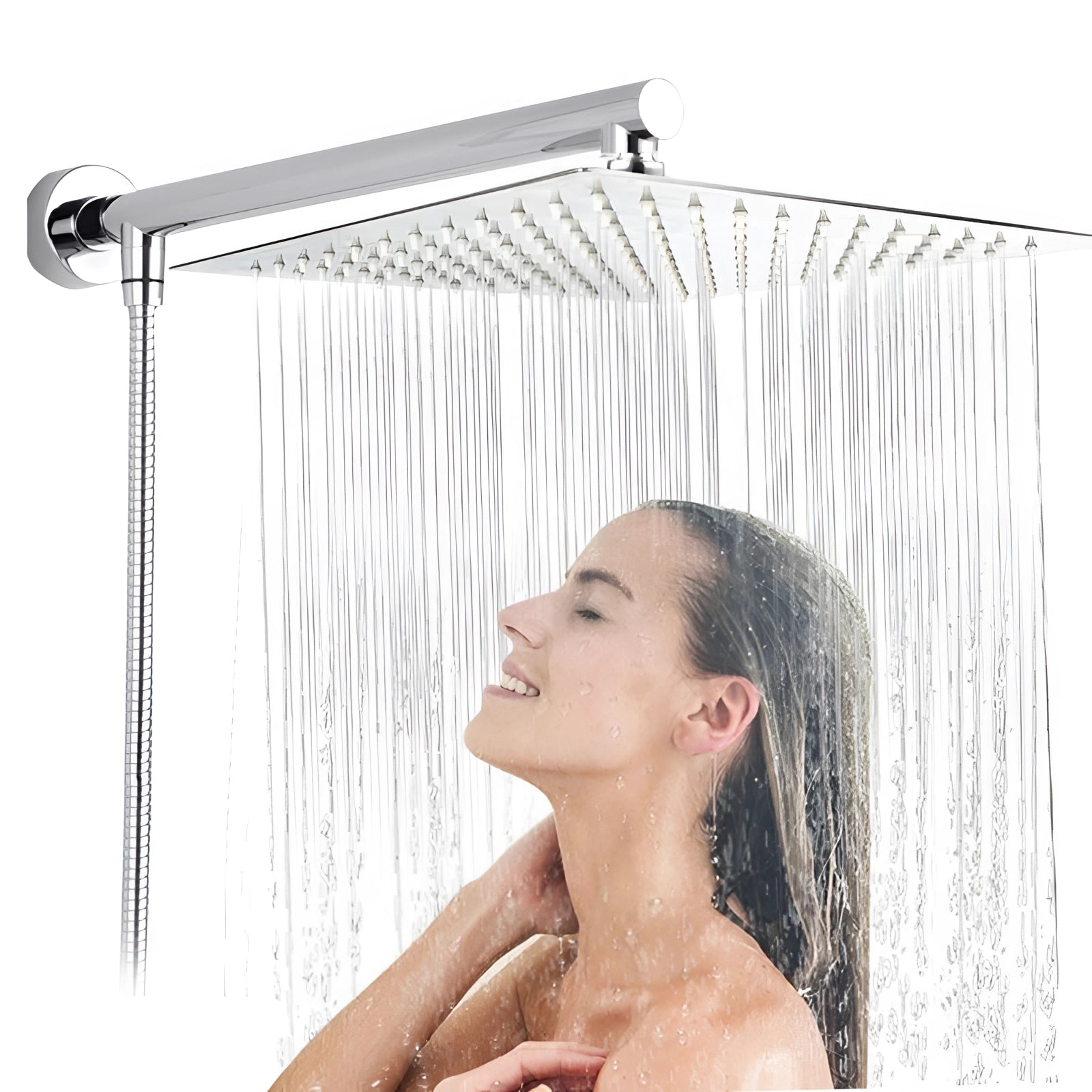 
A luxury chrome high-pressure wall-mount rainfall shower head installed in a modern bathroom setting.