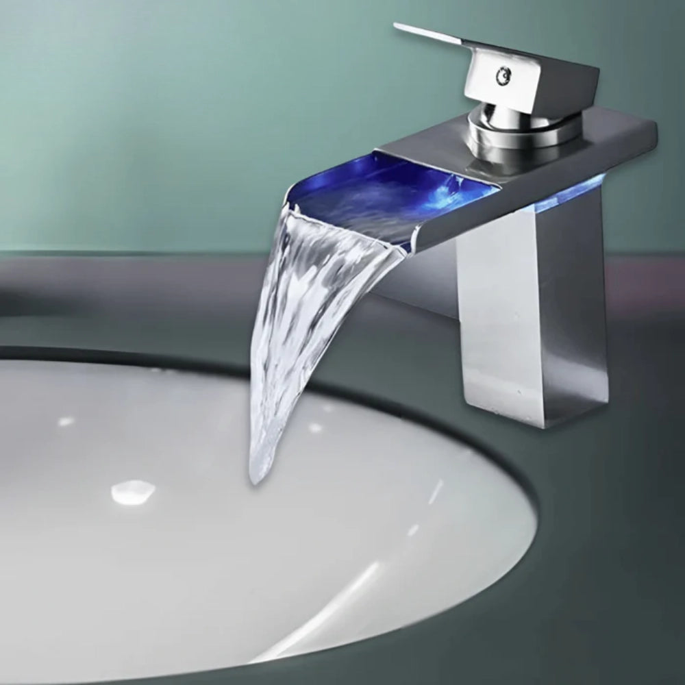 Luxury Chrome LED Waterfall Faucet, Temp Sensitive, Single Handle