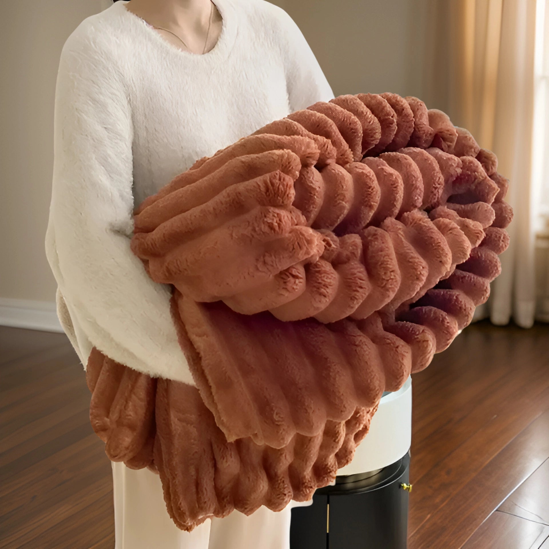 A luxurious chunky knit blanket in a rich brown color draped stylishly over a plush surface, measuring 200x230cm, showcasing its soft, modern texture and elegant design, perfect for home decor and cozy comfort.