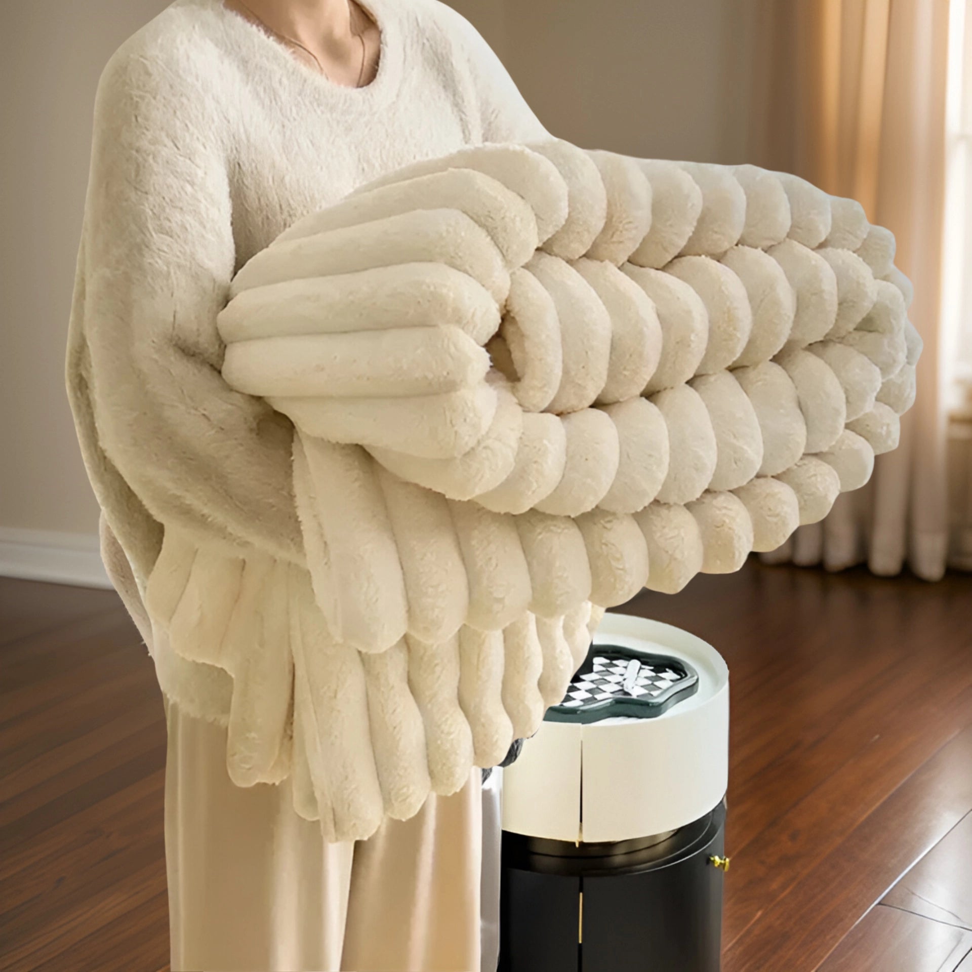 A cream-colored luxury chunky knit blanket draped across a hardwood floor, showcasing its soft, plush texture and modern design. The blanket measures 200x230cm and adds an elegant touch to home decor.