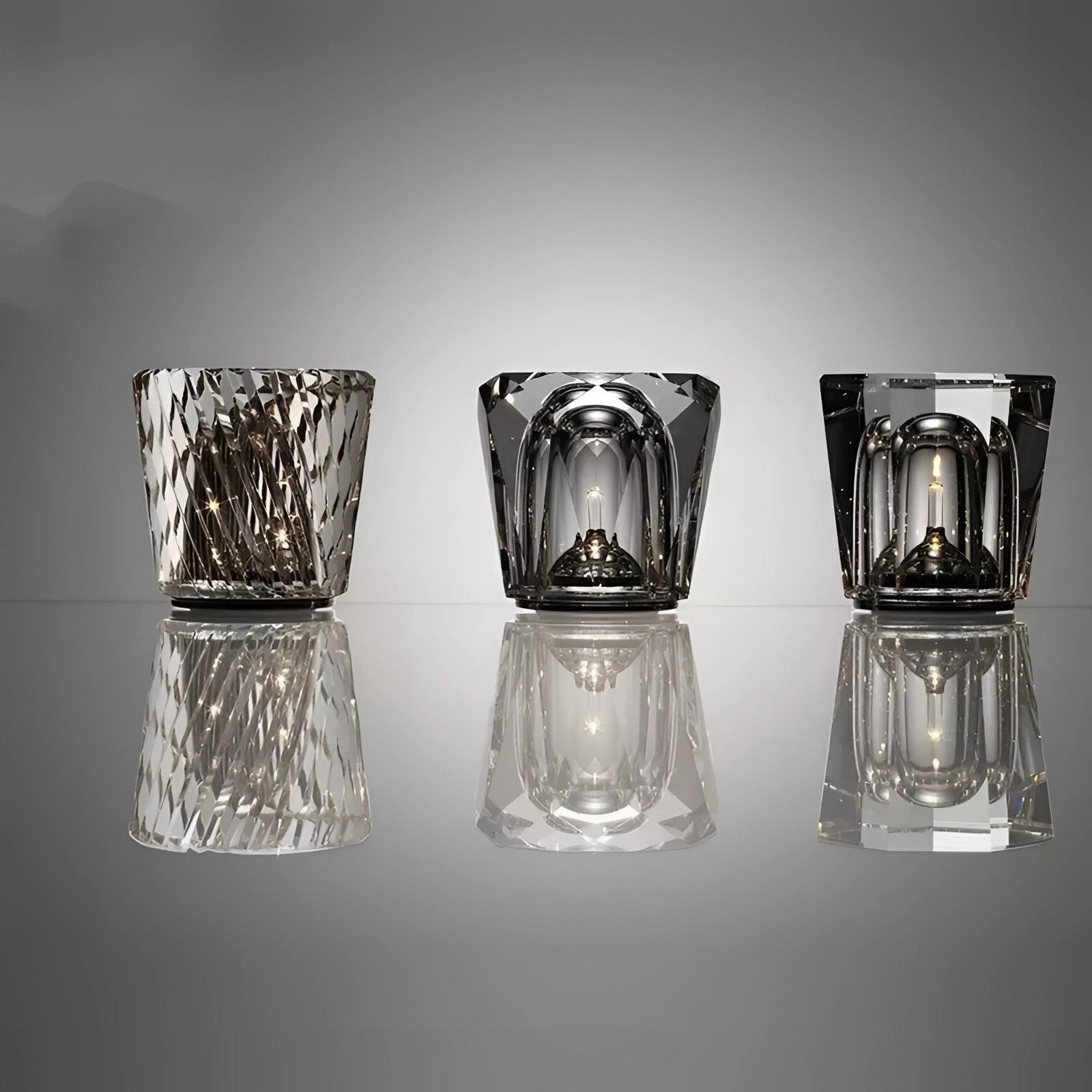 Luxury crystal candle holder made of diamond-cut glass, showcasing intricate glass detailing and a reflective surface, suitable for elegant home decor.