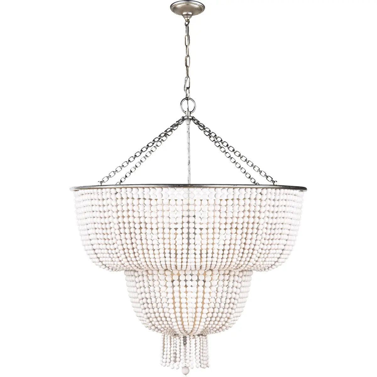 Elegant white luxury crystal chandelier pendant with tiered design, suitable for formal dining decor, featuring intricate crystal detailing and a sophisticated ceiling fixture style.