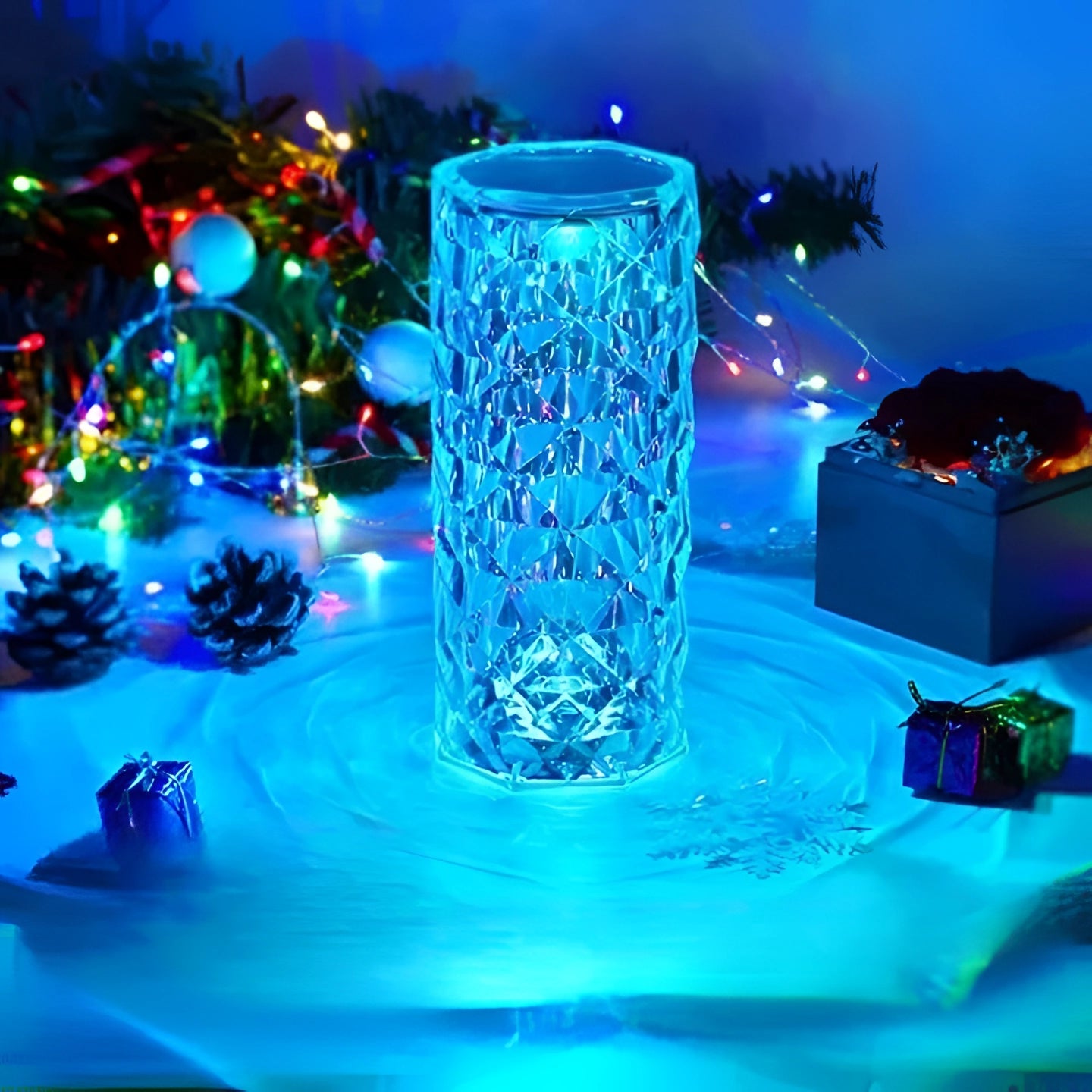 A luxury crystal vase with intricate detailing, filled with water and adorned with a small plant, set against a soft blue background with delicate lighting, creating a serene and elegant ambiance.