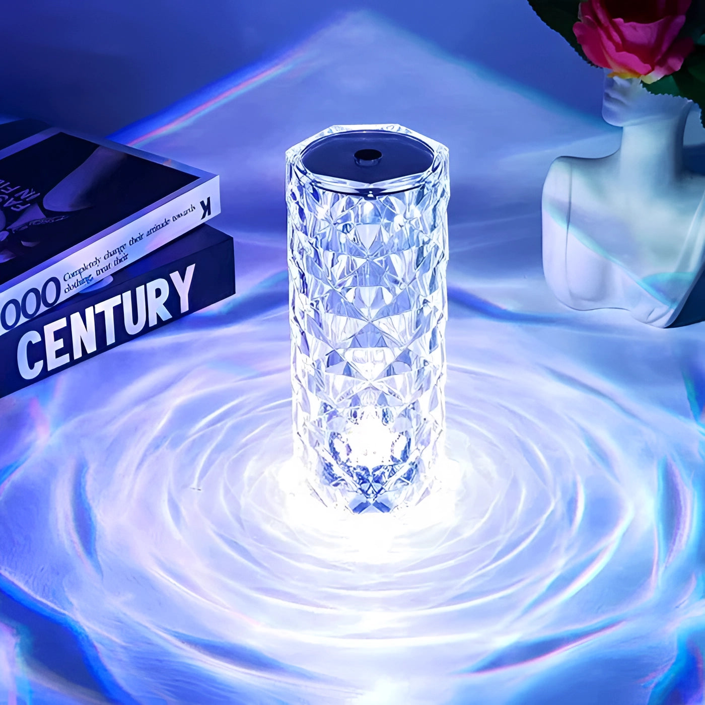 Luxurious crystal vase with an elegant design, featuring a blue and azure hue, filled with liquid and beautifully reflecting light, perfect as a centerpiece for premium decor on a sophisticated dining table.